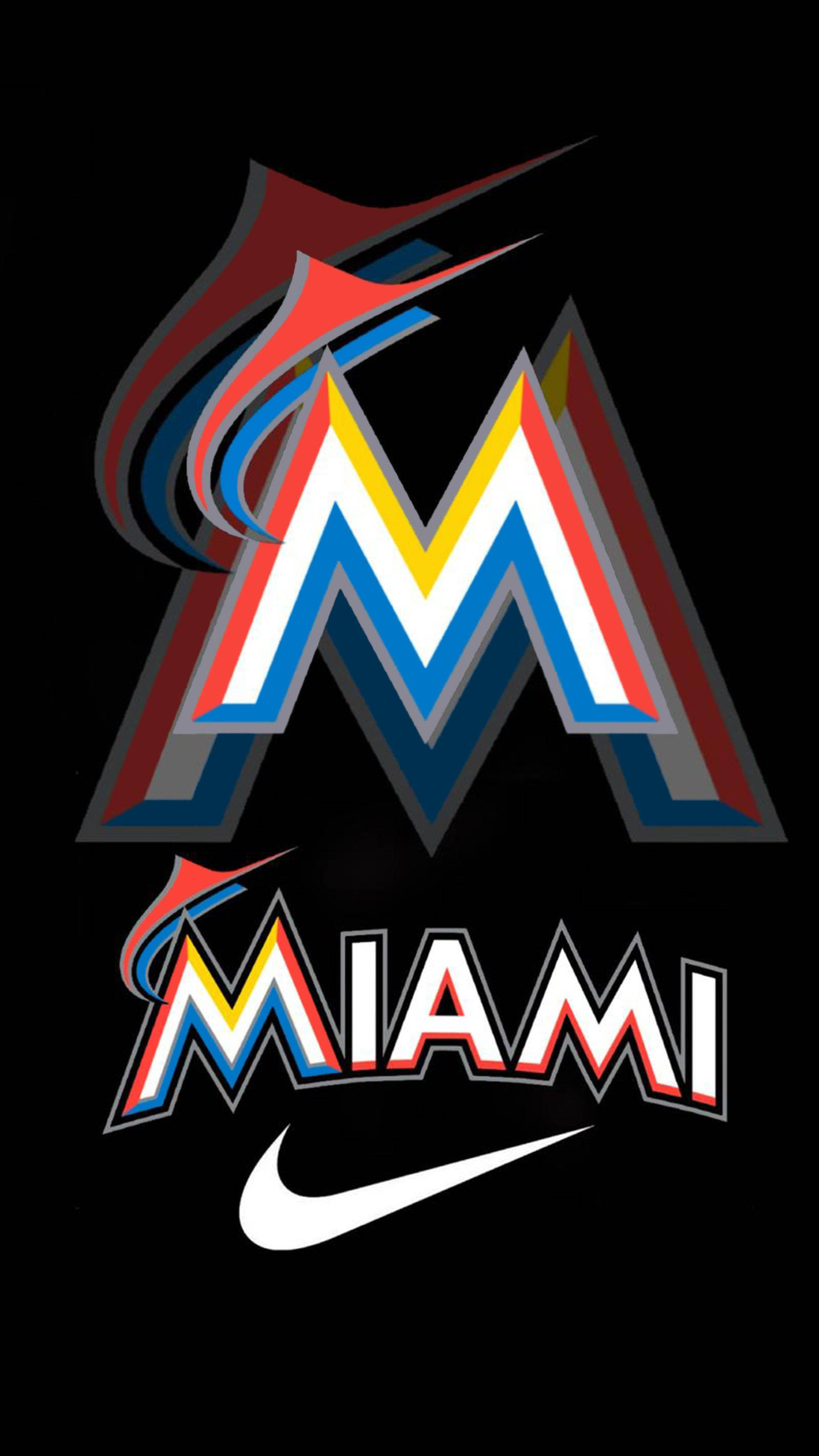 Marlins 桌布 壁紙 — 大膽的邁阿密馬林魚標誌，帶有紅、藍、黃色點綴，黑色背景，下方有Nike勾勾。