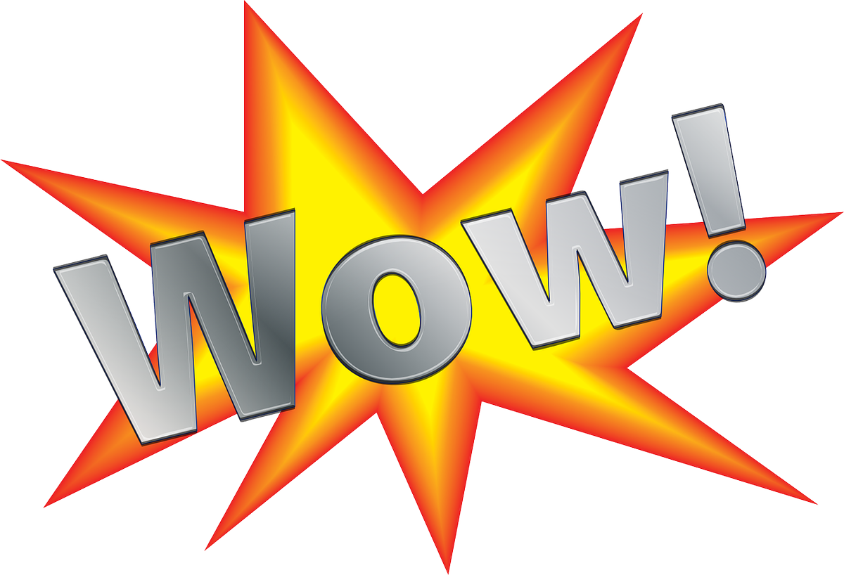 剪貼畫 桌布 壁紙 — 大膽的金屬 'Wow!' 文字從熾熱的橙黃色星爆中迸發出來，背景是潔淨的白色。