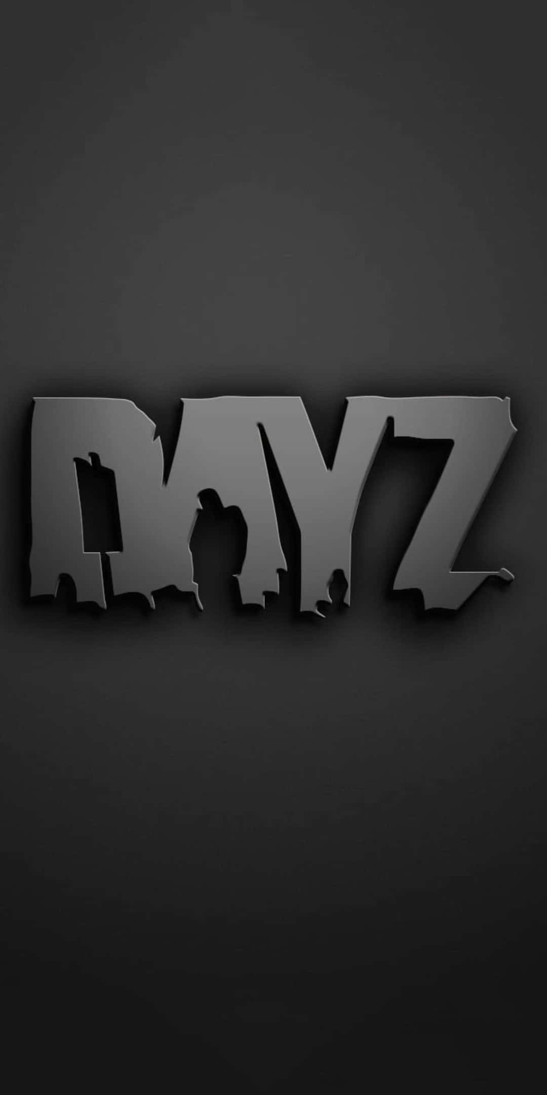 Pixel 3 Dayz 桌布 壁紙 — 大膽的金屬灰色 'DAYZ' 字母，字母內有陰影人物剪影，背景為深色漸變。