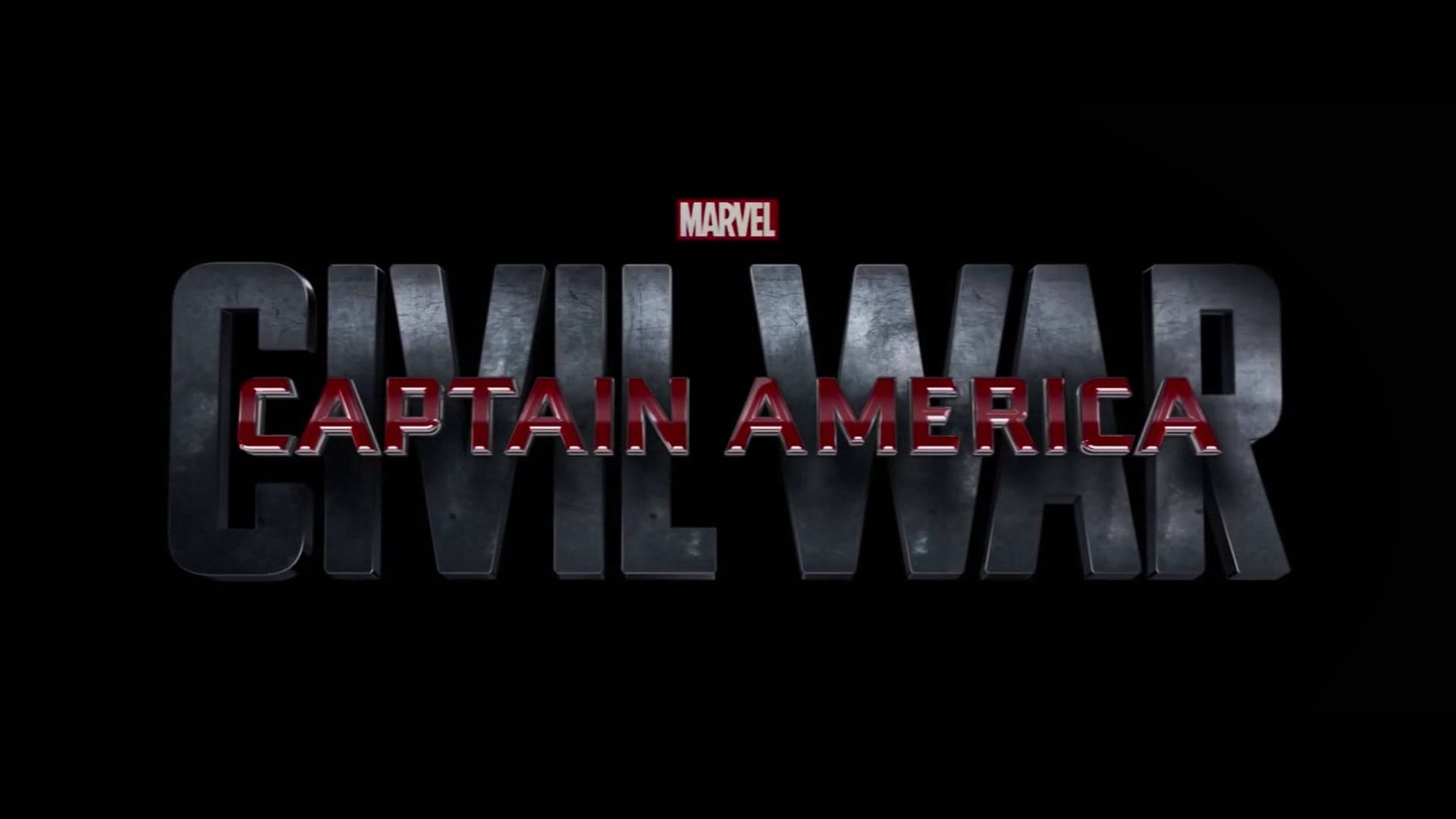 漫威 桌布 壁紙 — 大膽的金屬質感「CAPTAIN AMERICA CIVIL WAR」標題，帶有紅色點綴，背景為黑色。