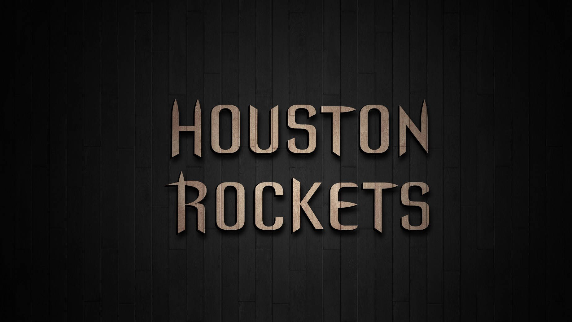 Houston Rockets 桌布 壁紙 — 大膽的金屬質感休士頓火箭隊標誌在深色紋理木牆背景上閃耀。
