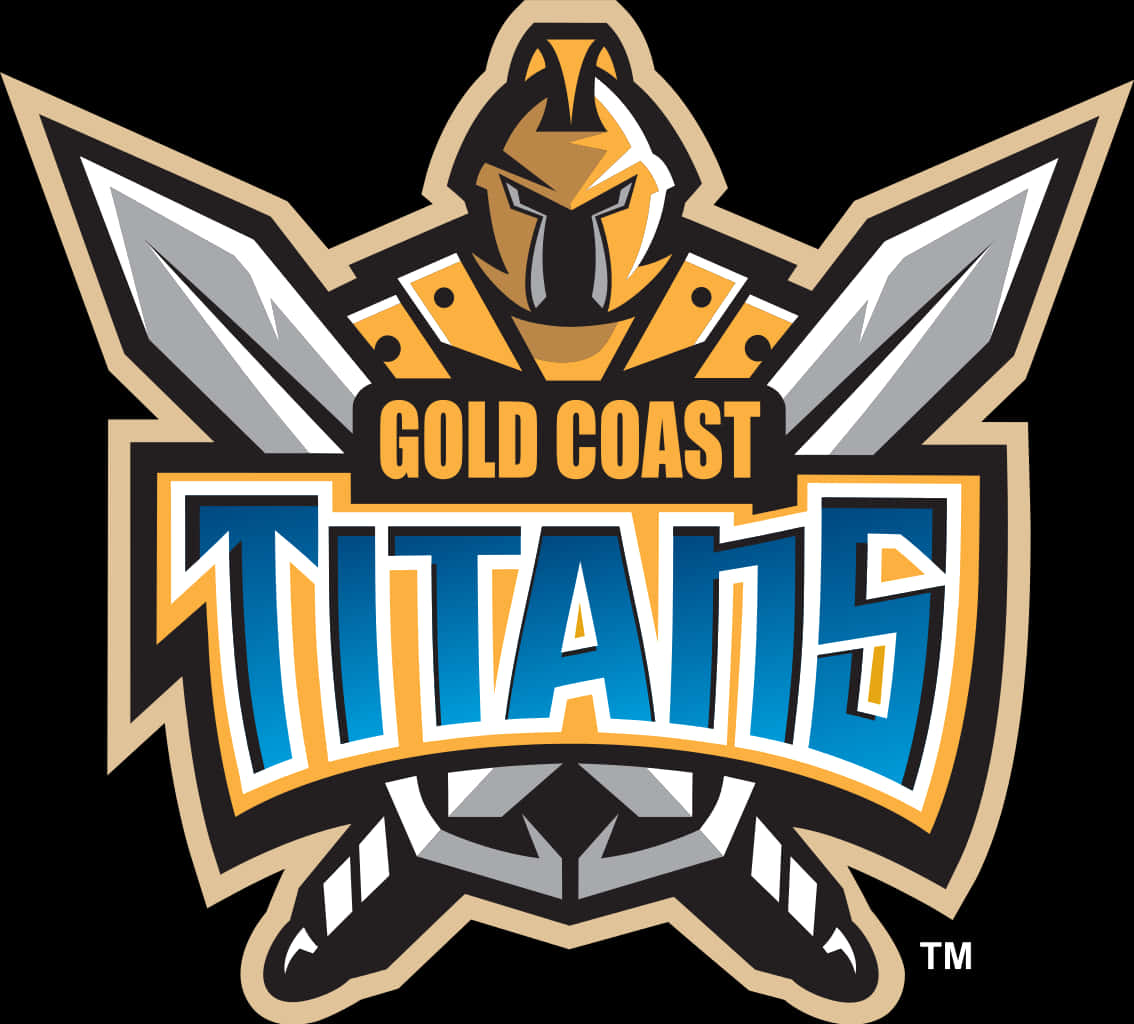 Titans Logo 桌布 壁紙 — 大膽的金岸泰坦隊標誌，特色是戴頭盔的戰士，手持交叉的劍和盾牌，背景為黑色。
