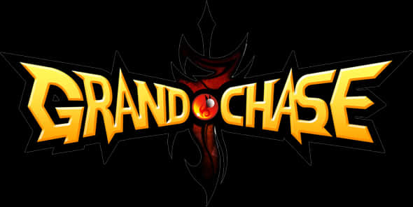 Chase Logo 桌布 壁紙 — 大膽的金色 'Grand Chase' 標誌，帶有紅色火焰設計和發光的眼睛，背景為黑色。