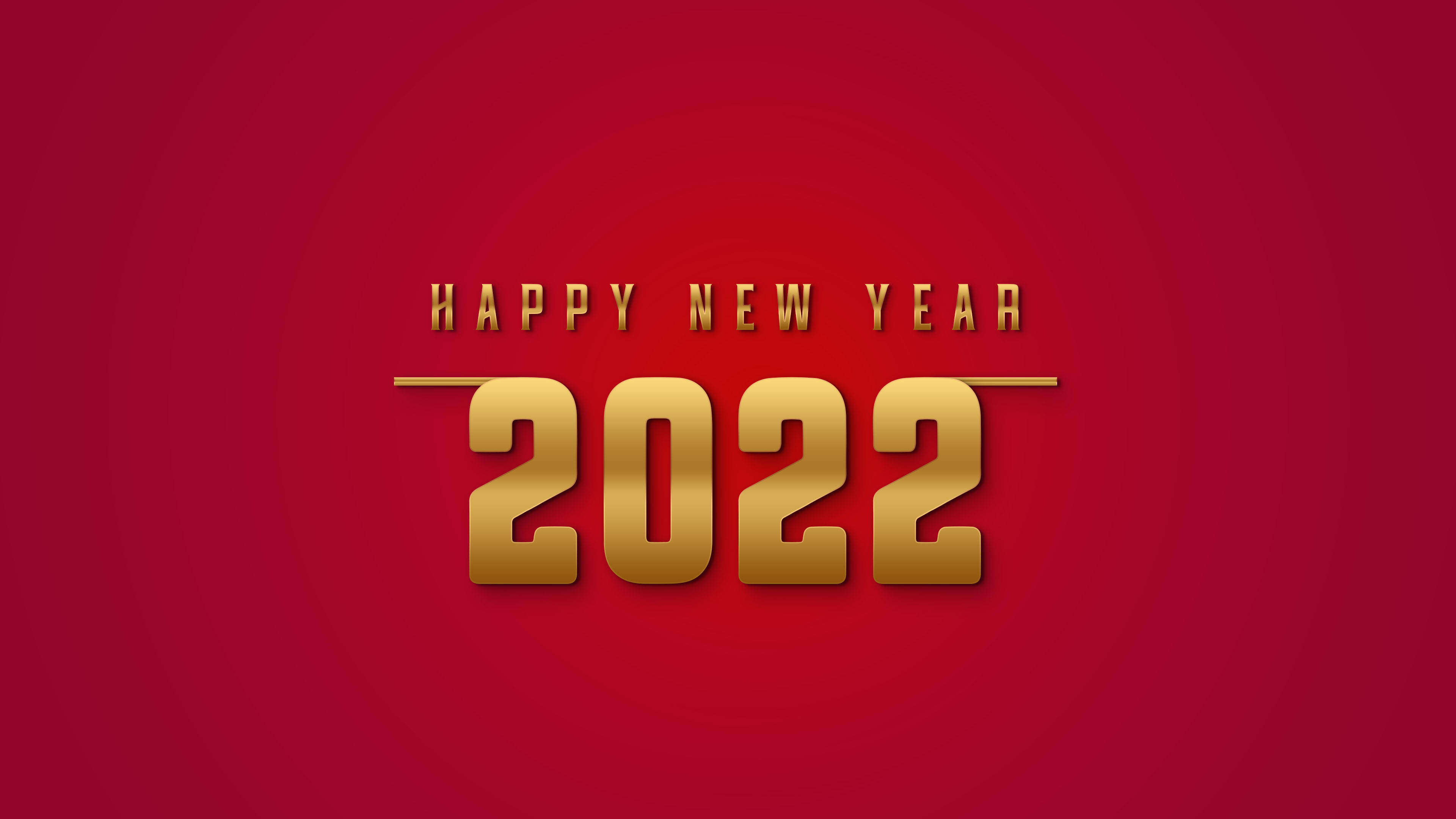 Happy New Year 2022 桌布 壁紙 — 大膽的金色「HAPPY NEW YEAR 2022」文字在豐富的紅色漸層背景上閃耀。