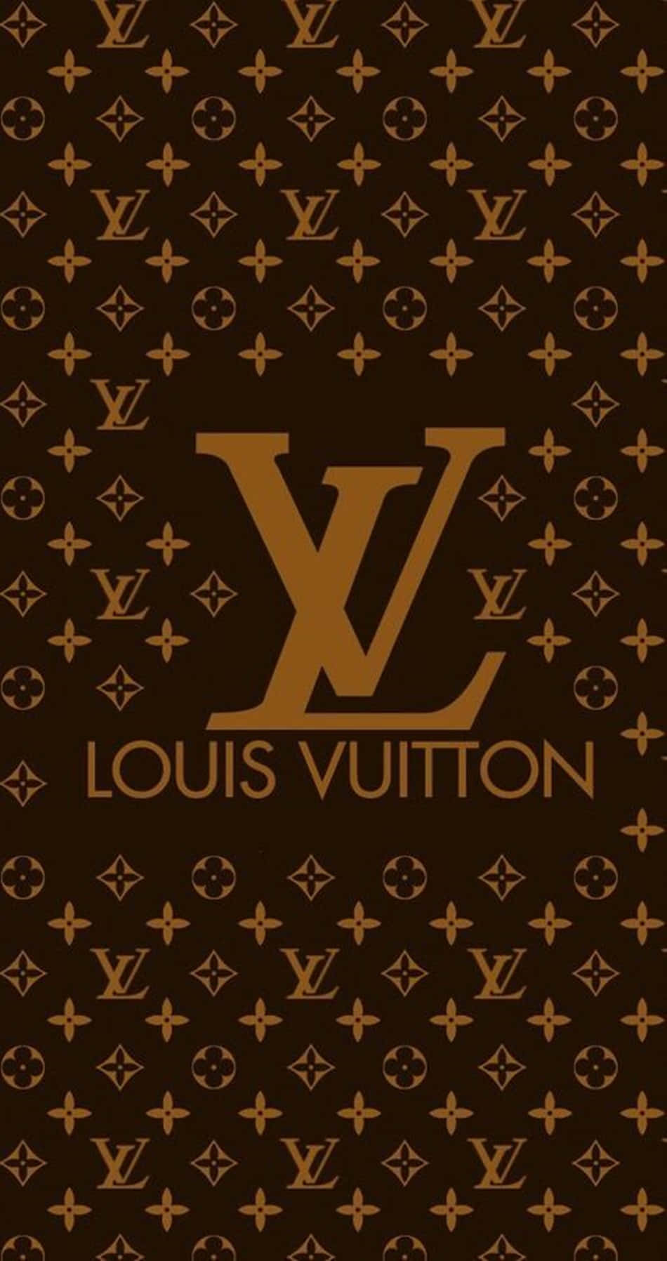 路易威登 桌布 壁紙 — 大膽的金色 Louis Vuitton 標誌居中於重複的字母組合圖案上，背景為深棕色。