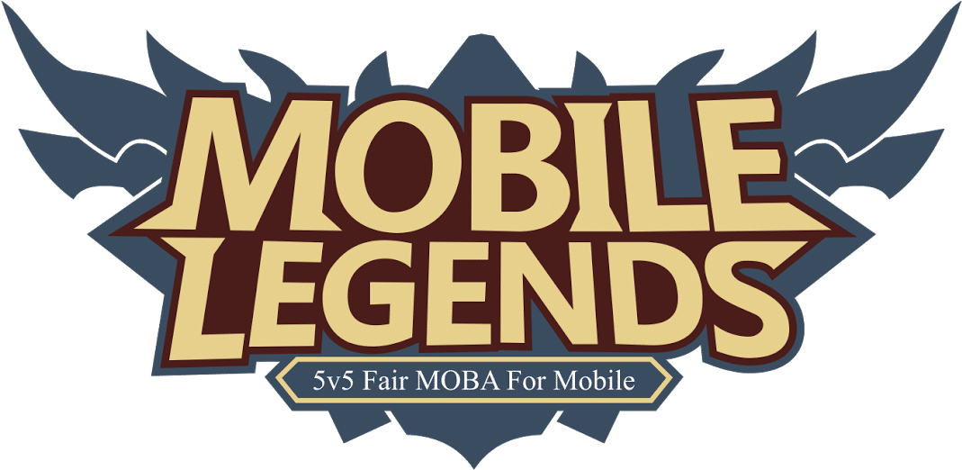 傳說對決 桌布 壁紙 — 大膽的金色「Mobile Legends」標誌，帶有深藍色翅膀徽章和標語，背景為黑色。
