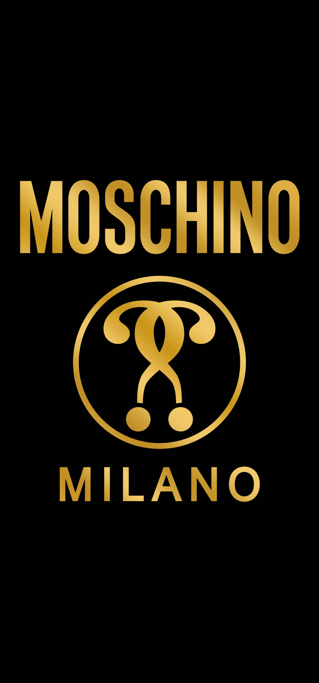 moschino 桌布 壁紙 — 大膽的金色 Moschino Milano 標誌，帶有標誌性的狗徽章，居中在純黑背景上。
