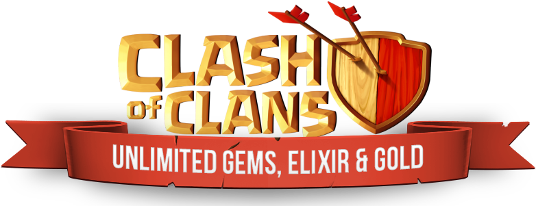 手機 桌布 壁紙 — 大膽的金色Clash of Clans標誌，帶有盾牌和箭頭，紅色橫幅上宣傳無限寶石、靈藥和金幣。