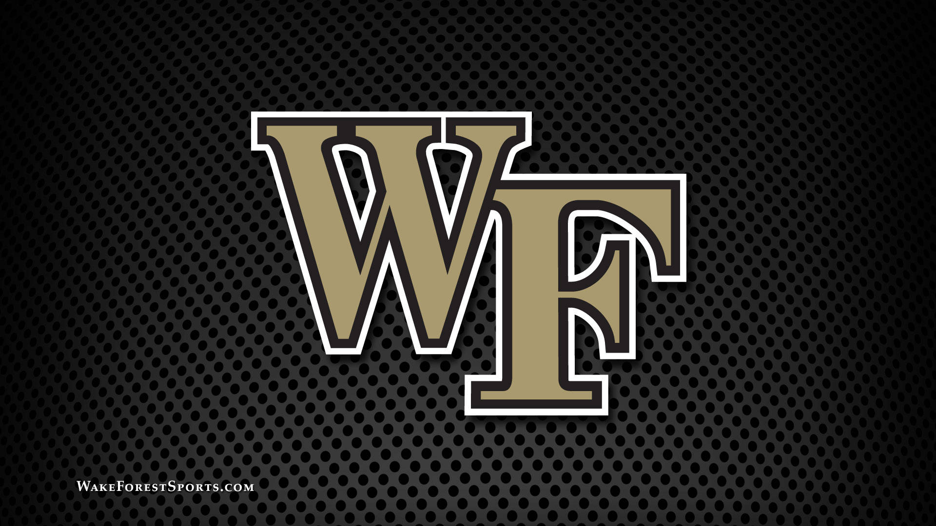 學校 桌布 壁紙 — 大膽的金色和白色 Wake Forest 'WF' 標誌在黑色穿孔金屬背景上脫穎而出。