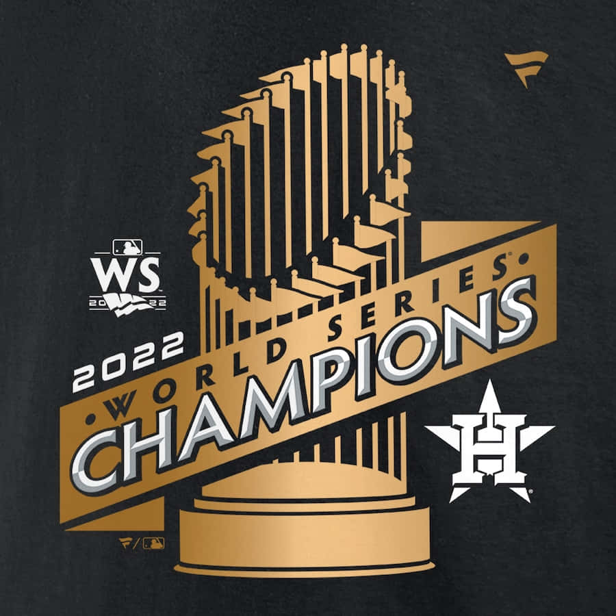 Astros 桌布 壁紙 — 大膽的金色和白色2022年世界大賽冠軍標誌，包含獎盃剪影和休士頓太空人隊星形徽章，印在深色布料上。