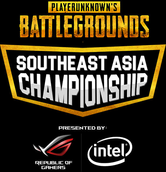 絕地求生 桌布 壁紙 — 大膽的金色和白色文字在黑色背景上宣告PlayerUnknown's Battlegrounds Southeast Asia Championship，下方有贊助商標誌。