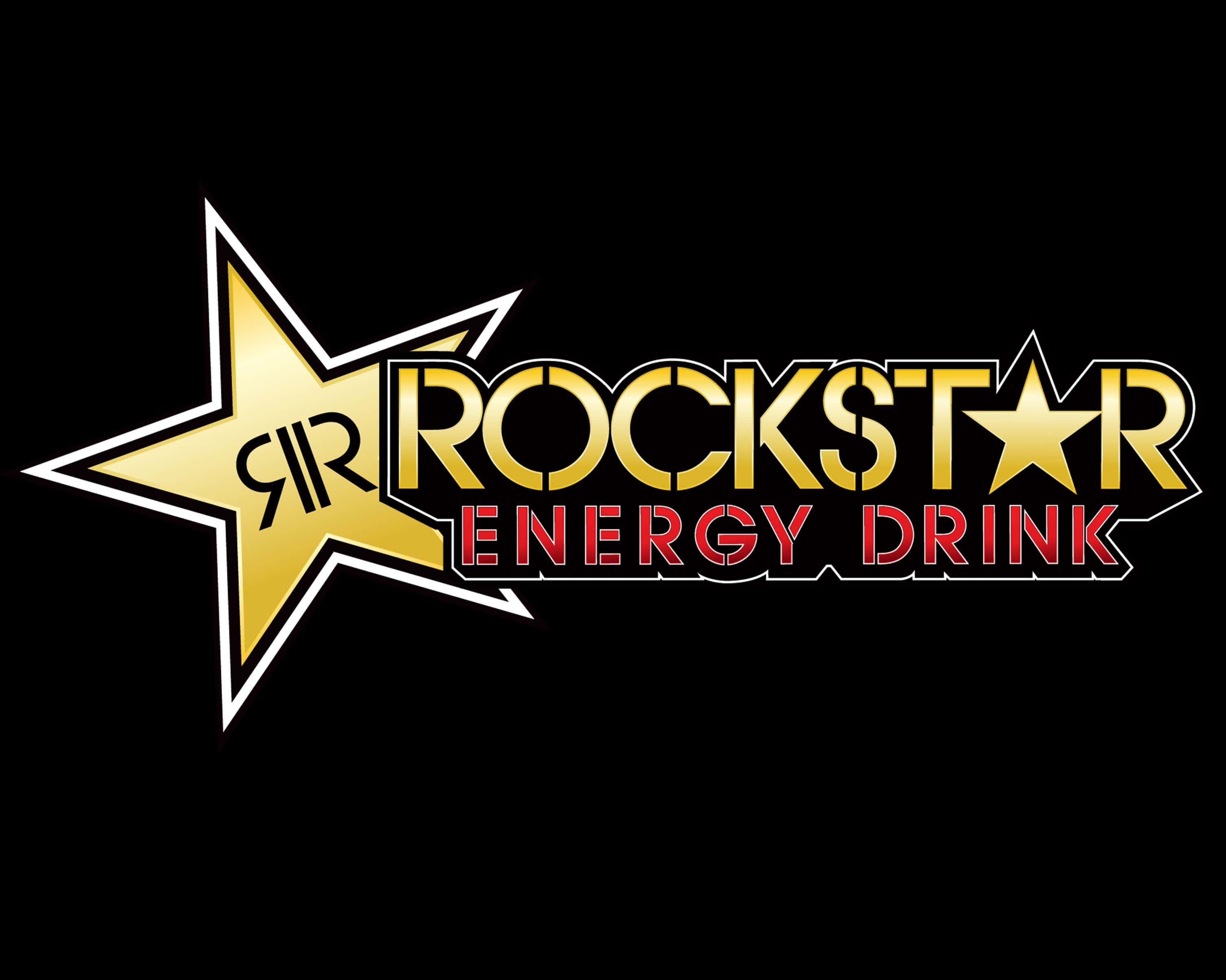 標誌 桌布 壁紙 — 大膽的金色和紅色Rockstar Energy Drink標誌，帶有星星標誌，背景為黑色。