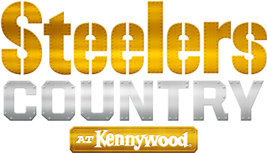 鋼人隊 桌布 壁紙 — 大膽的金色和銀色「Steelers Country at Kennywood」標誌，帶有金屬質感和黑色背景。