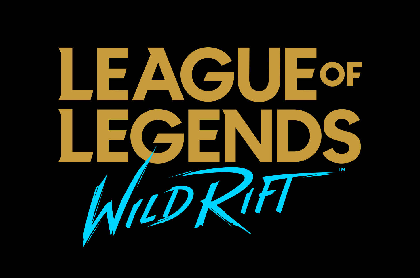 Wild 桌布 壁紙 — 大膽的金色和青色 League of Legends Wild Rift 標誌居中在純黑色背景上。