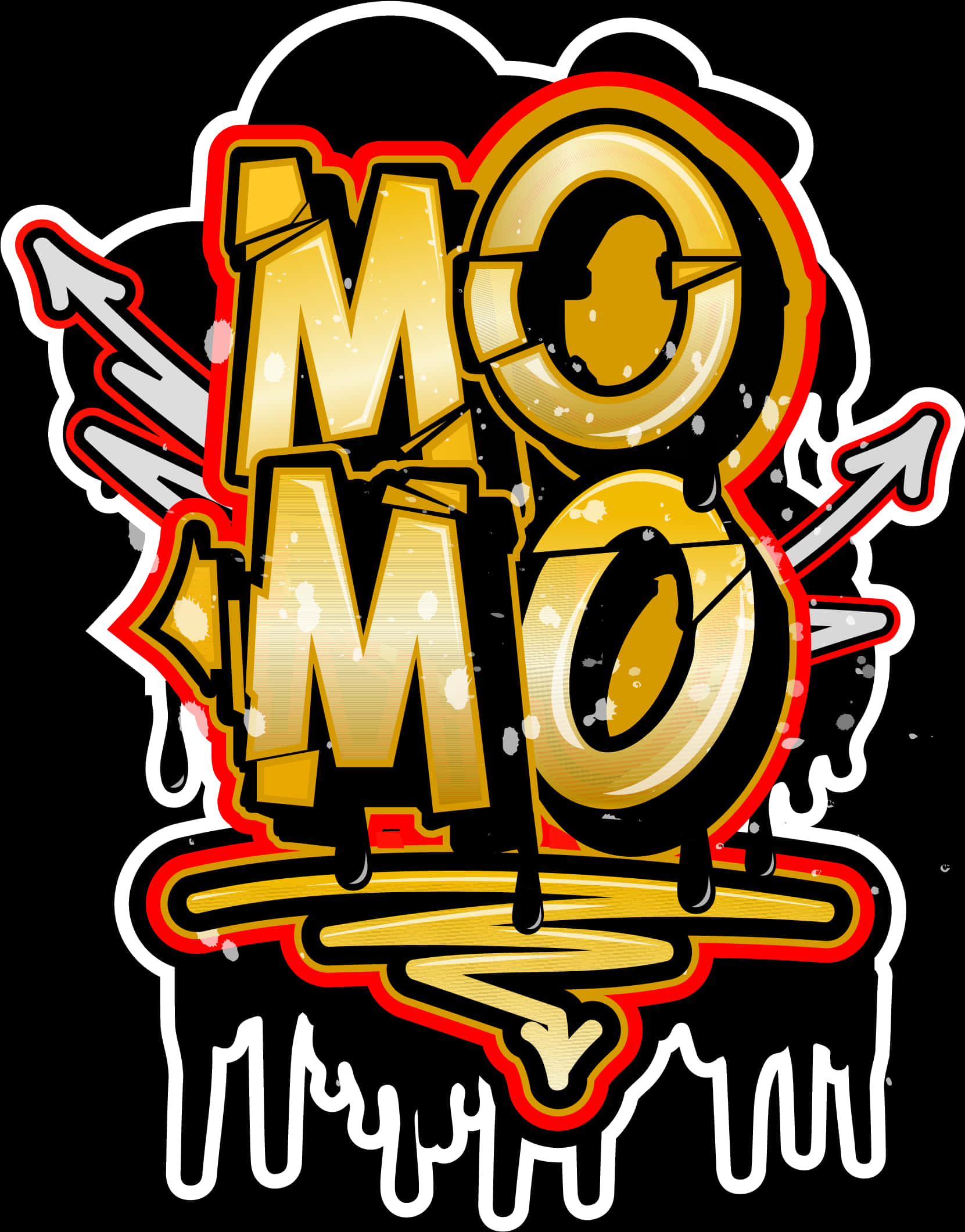 Dj Logo 桌布 壁紙 — 大膽的金色塗鴉風格字母拼出 MOMO，帶有紅色輪廓和滴落油漆效果，背景為黑色。