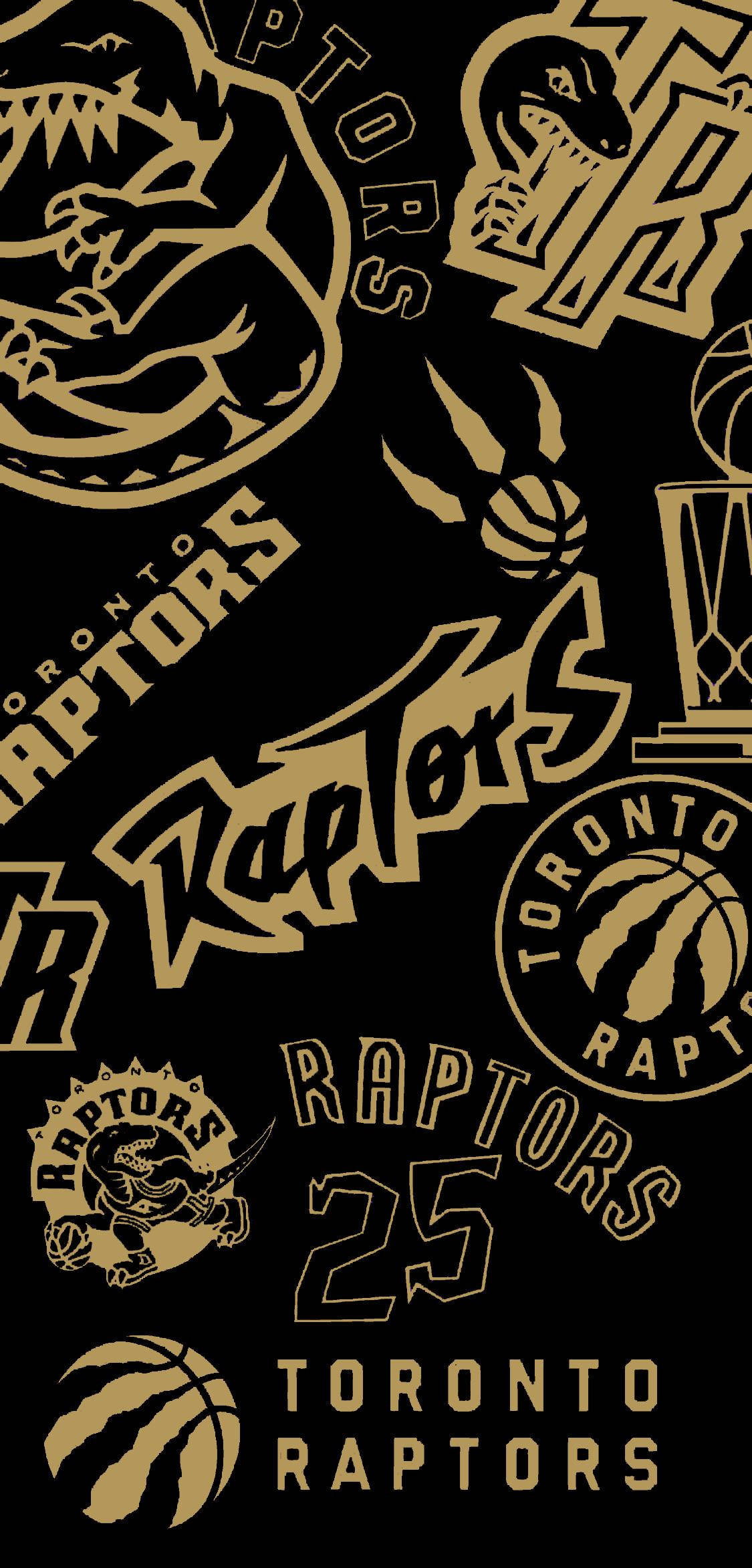 Raptors 桌布 壁紙 — 大膽的金色多倫多暴龍隊標誌和文字圖形在黑色背景上重複，形成動態的桌布設計。