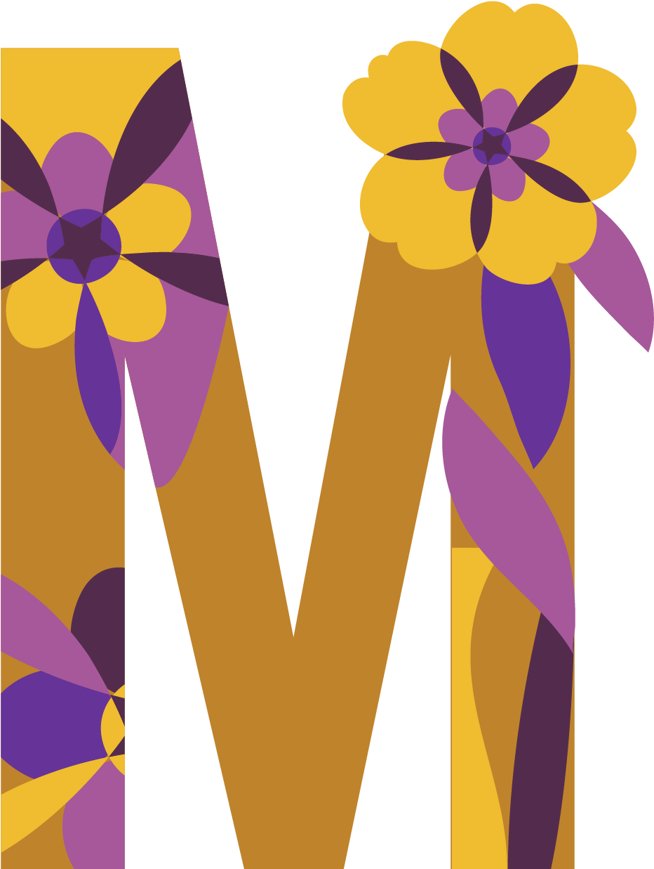 字母M 桌布 壁紙 — 大膽的金色字母M，飾以風格化的黃色和紫色花朵，背景為黑色。