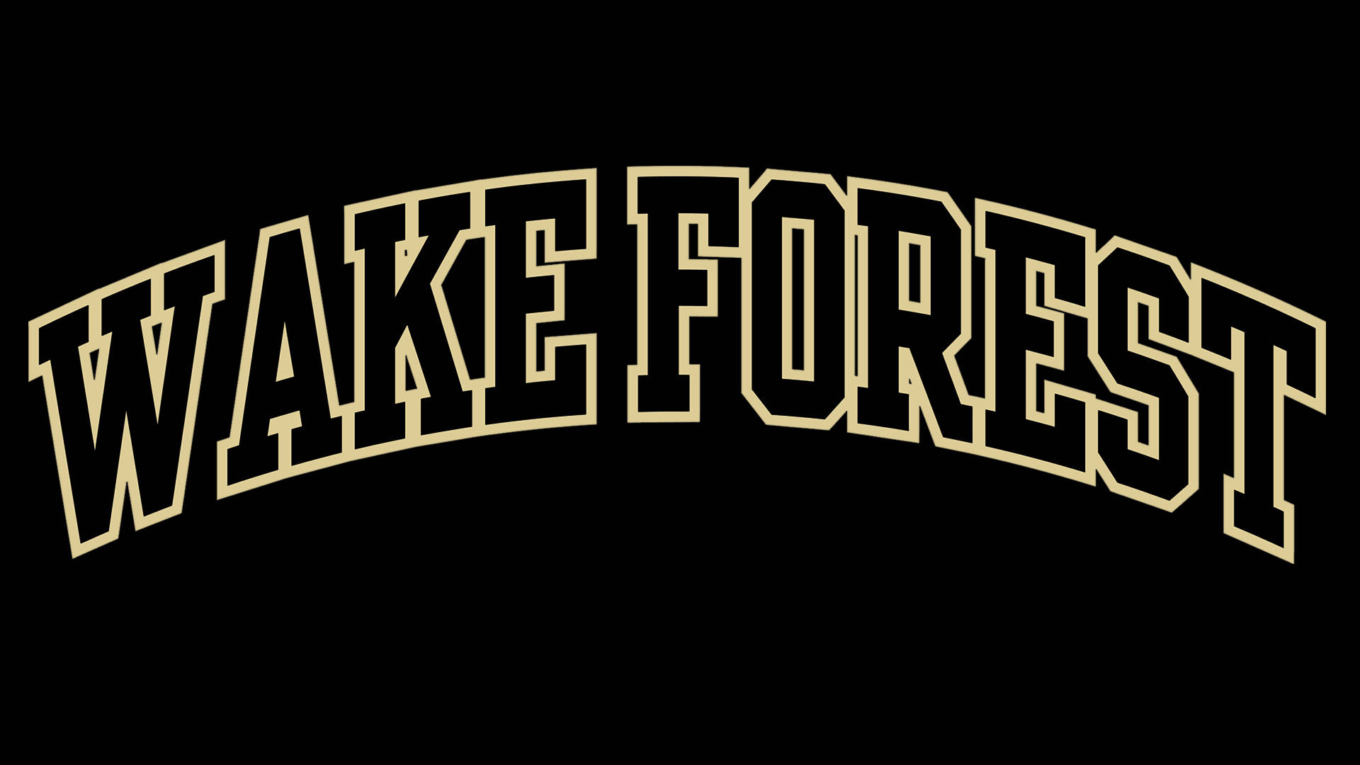 學校 桌布 壁紙 — 大膽的金色拱形文字拼出 Wake Forest，在純黑色背景上顯得格外突出。