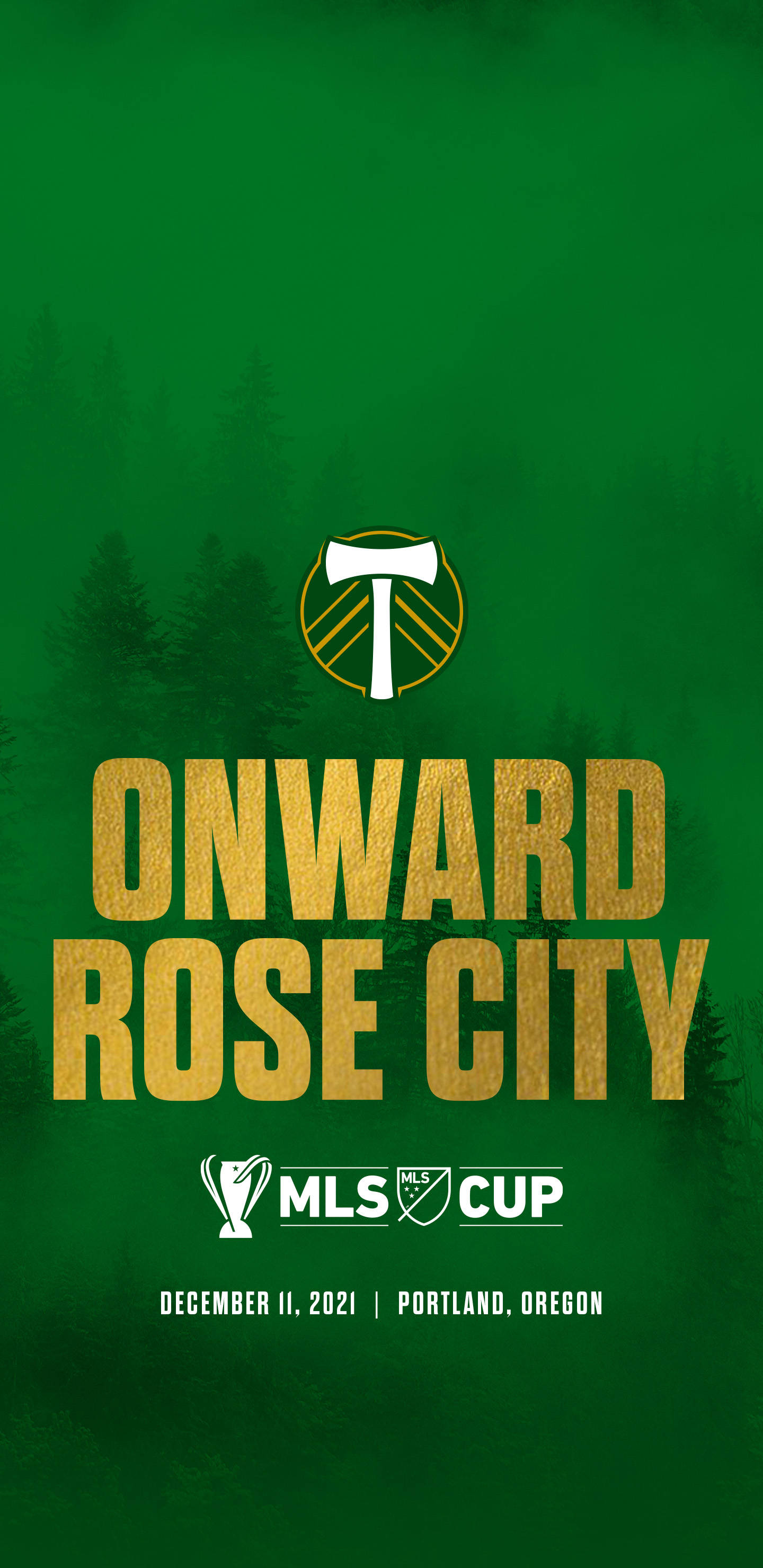 足球 桌布 壁紙 — 大膽的金色文字在綠色森林背景上宣告「ONWARD ROSE CITY」，並附有波特蘭木材隊標誌和MLS盃活動詳情。
