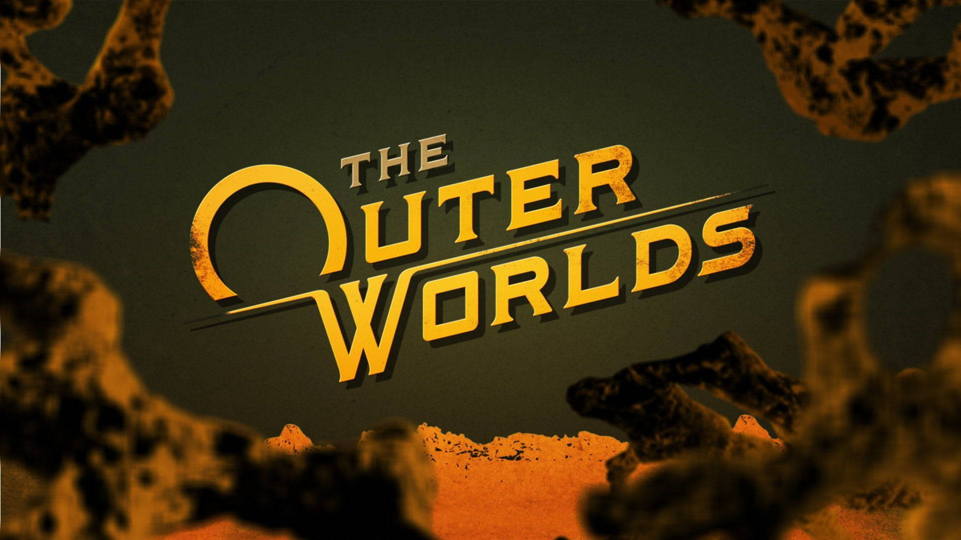 The Outer Worlds 桌布 壁紙 — 大膽的金色標題「The Outer Worlds」從黑暗天空下的岩石外星景觀中浮現。