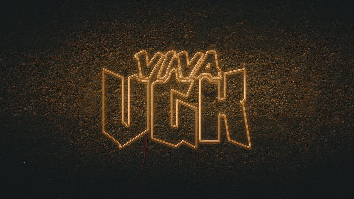 Knights 桌布 壁紙 — 大膽的金色霓虹字母拼出 VIVA UGH，在粗糙的深色紋理牆壁上發光。