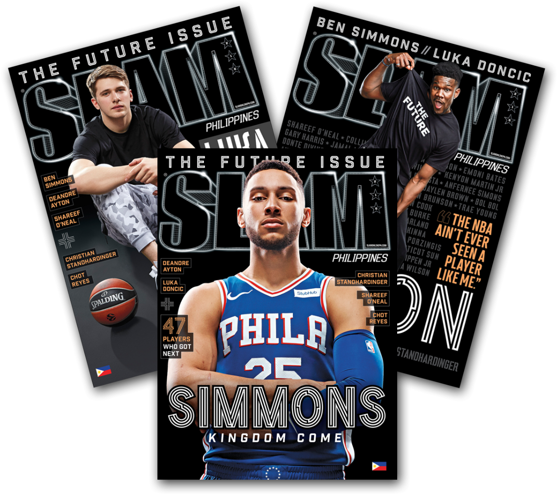 雜誌 桌布 壁紙 — 大膽的雜誌封面， featuring 籃球運動員 Ben Simmons 穿著藍色費城球衣，與其他球員和文字疊加在黑色背景上。