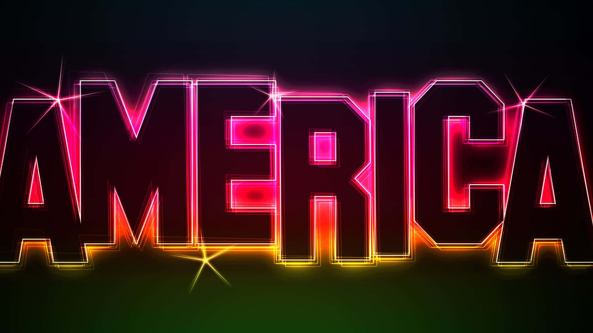 美國 桌布 壁紙 — 大膽的霓虹字母拼出 america，在深色漸層背景上發出粉紅、橙和黃色的光芒。