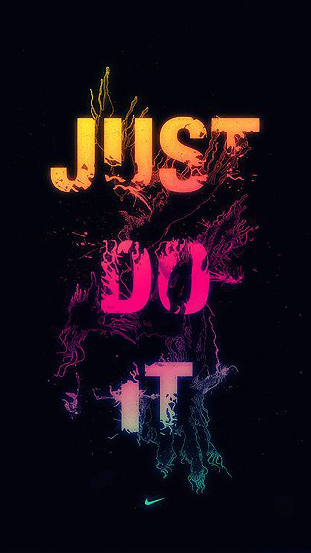 nike girl 桌布 壁紙 — 大膽的霓虹文字 'JUST DO IT' 在黑色背景上迸發出熾熱的橙色、粉紅色和藍綠色能量，並帶有一個細小的 Nike 勾勾。