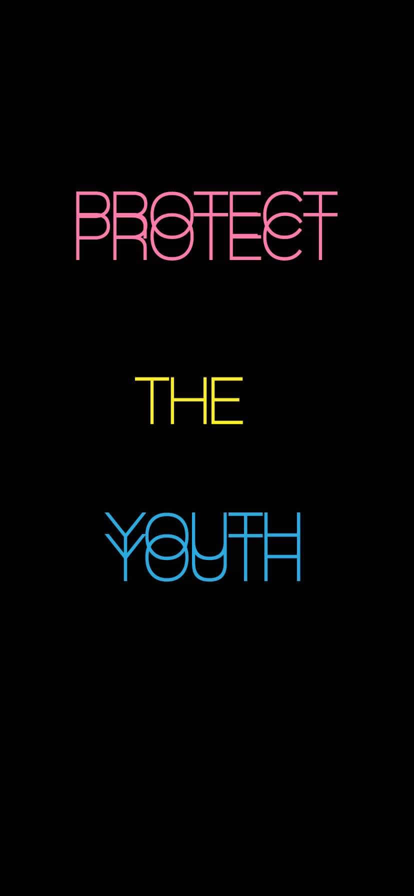 Lgbtq 桌布 壁紙 — 大膽的霓虹文字以粉紅色、黃色和藍色顯示「protect the youth」，襯托在鮮明的黑色背景上。