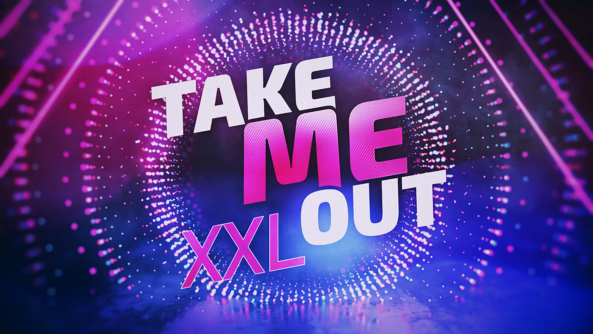 game 桌布 壁紙 — 大膽的霓虹文字顯示「TAKE ME XXL OUT」，背景是發光的紫藍色粒子背景，帶有輻射光條。