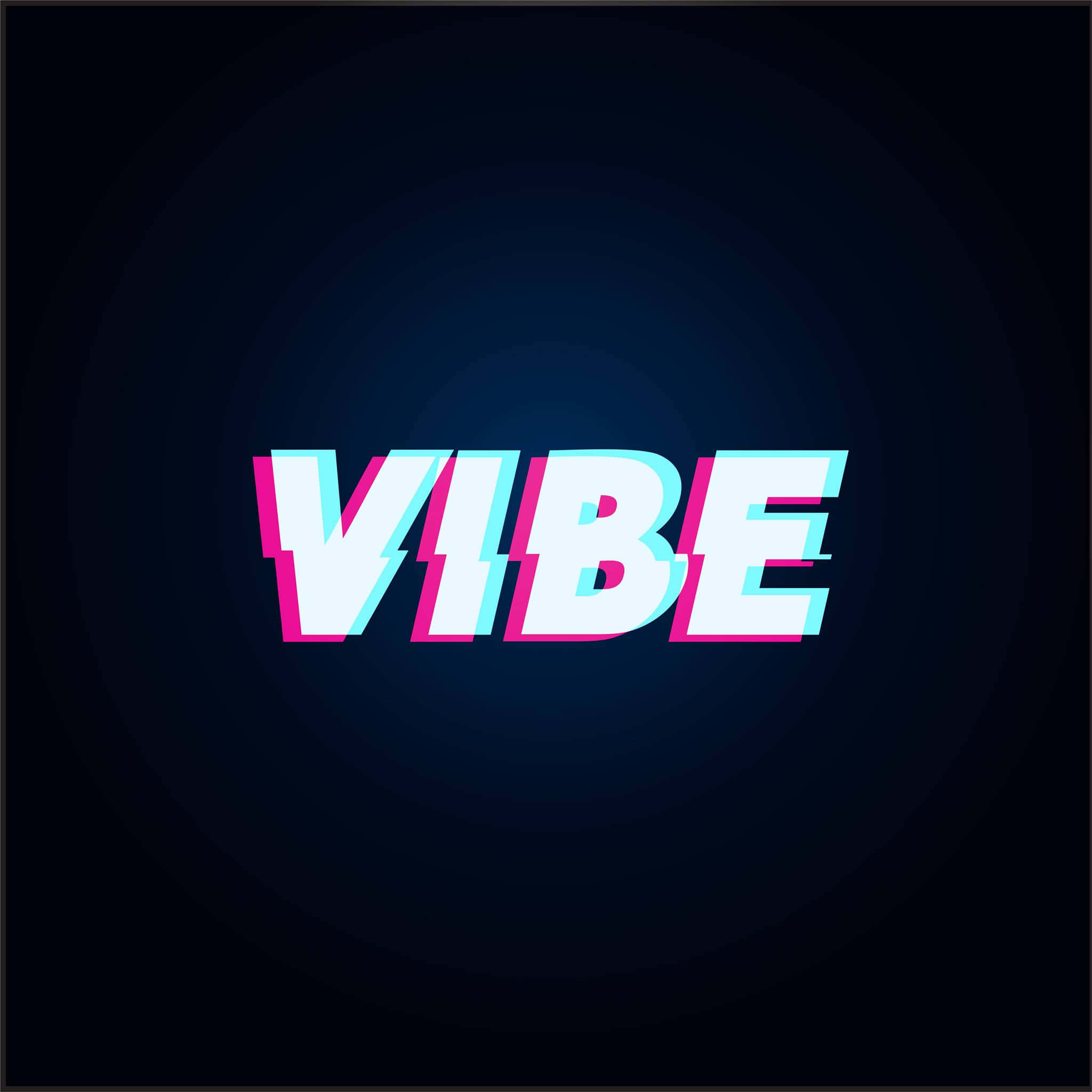 氛圍 桌布 壁紙 — 大膽的霓虹粉紅和青色 'VIBE' 文字在帶有同心圓的深藍色漸變背景上跳動。