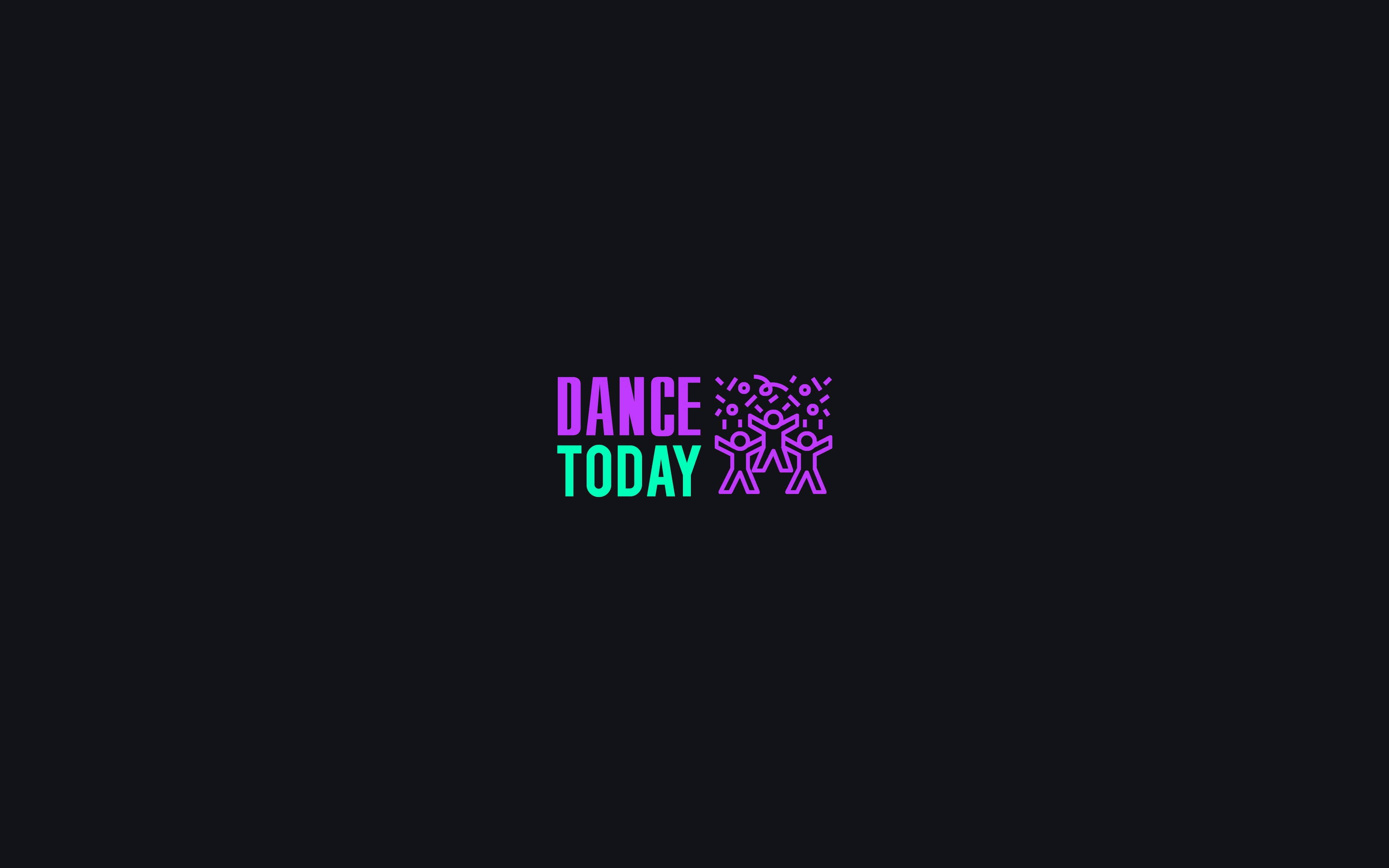 舞蹈 桌布 壁紙 — 大膽的霓虹紫和青綠色 'DANCE TODAY' 字樣，搭配跳舞人物和五彩紙屑，背景為黑色。