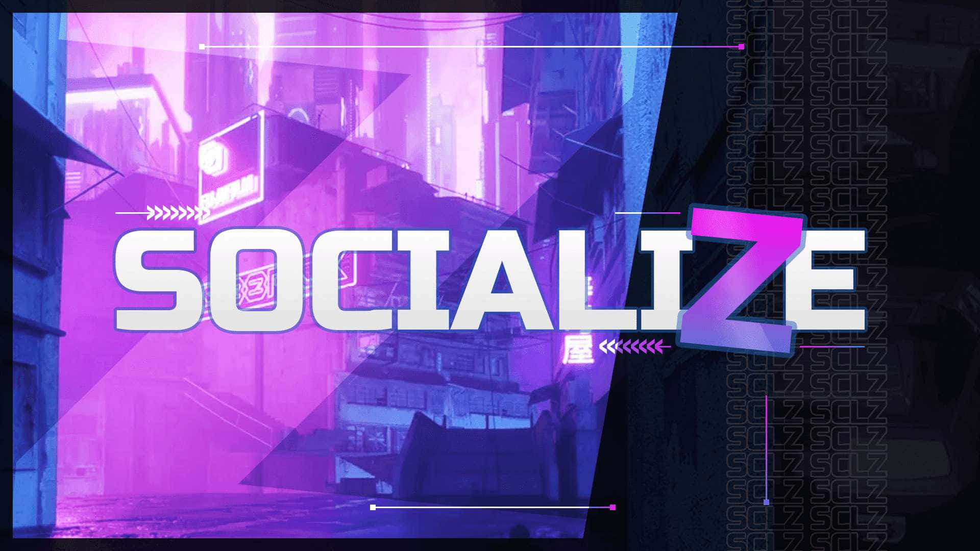 Discord 桌布 壁紙 — 大膽的霓虹紫色和藍色文字 socialize 主導了一條帶有發光標誌和數位疊加的未來主義 cyberpunk 小巷。