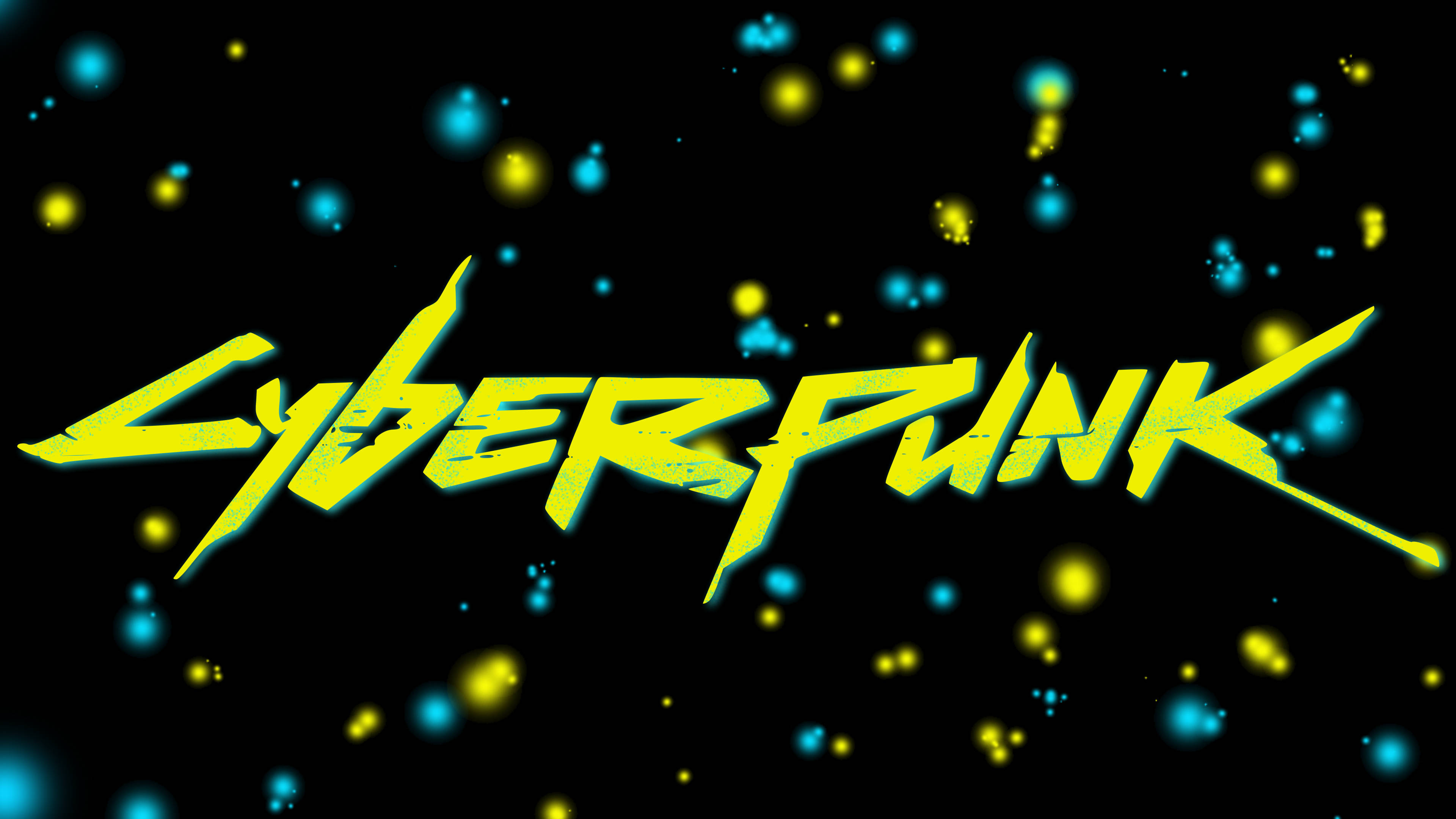 Cyberpunk Desktop 桌布 壁紙 — 大膽的霓虹黃色賽博龐克文字在帶有藍色和黃色數位粒子的黑色背景上發光。