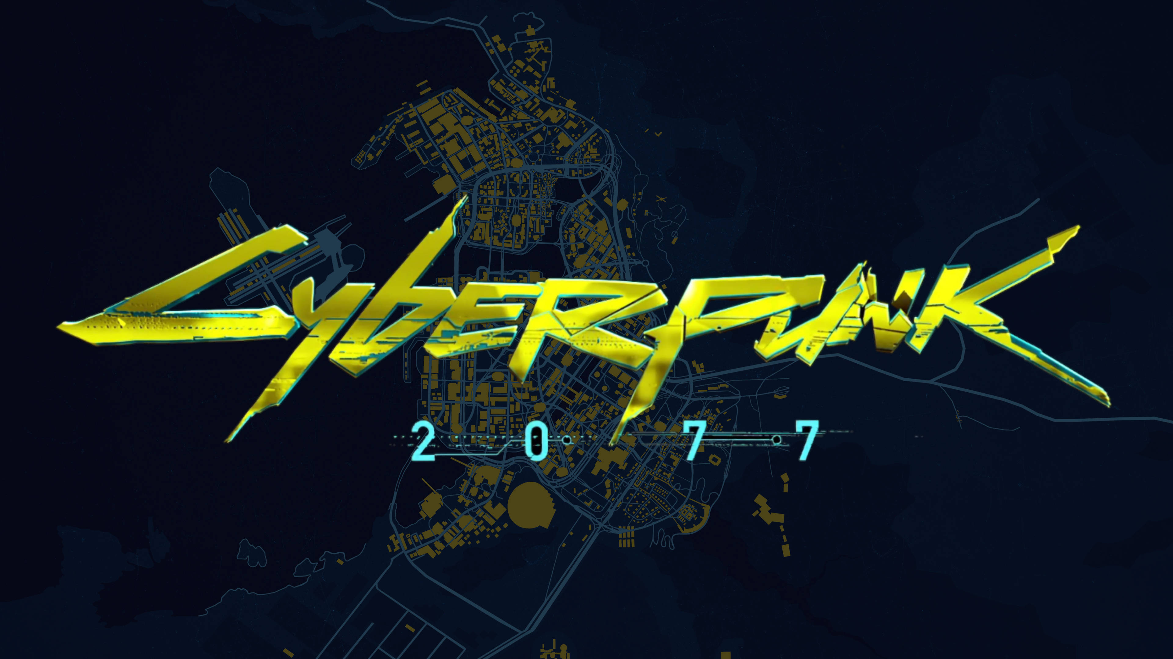 Cyberpunk Desktop 桌布 壁紙 — 大膽的霓虹黃色賽博龐克標誌在深藍色背景上發光的城市地圖上閃耀。