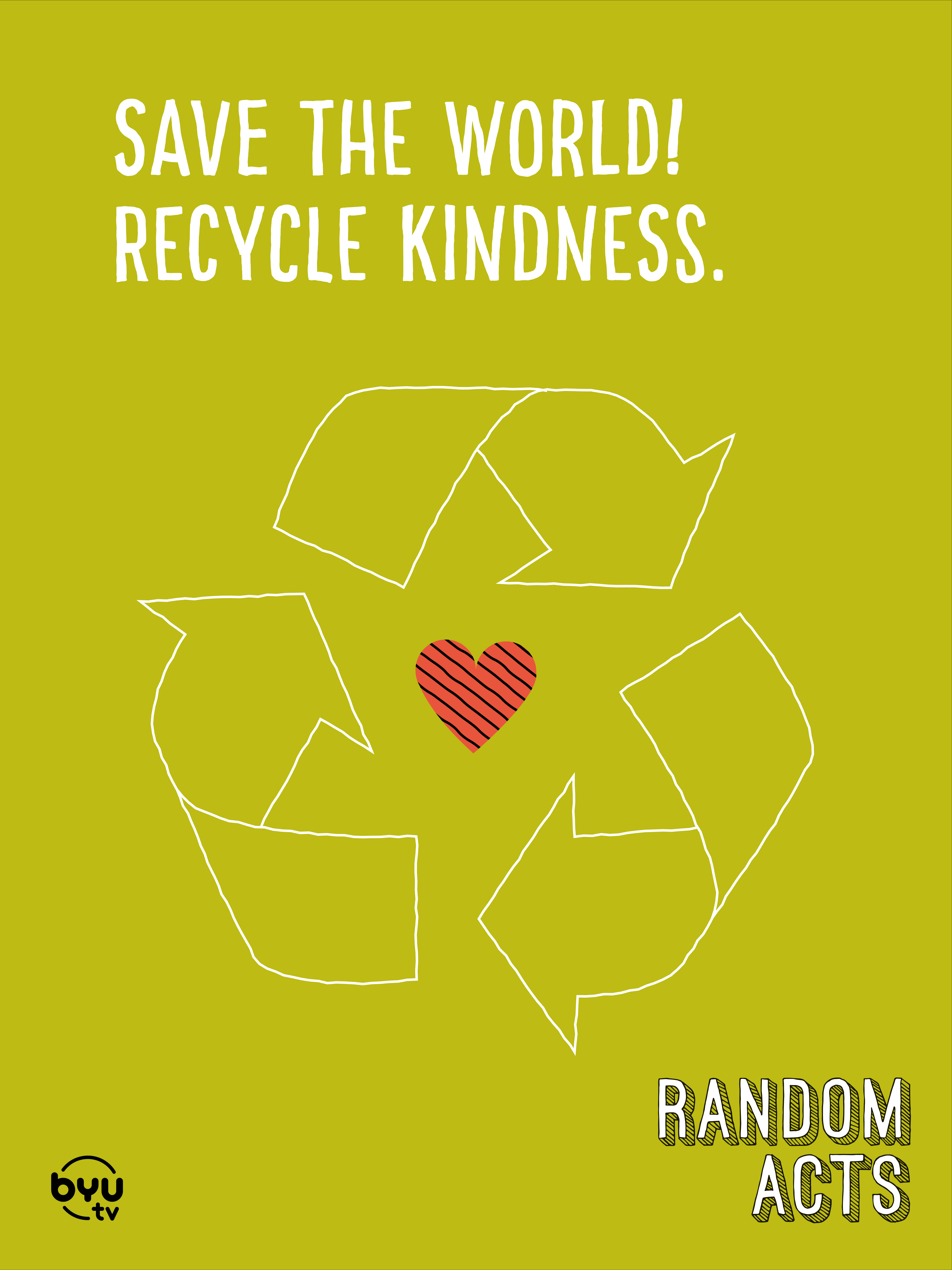 Kindness 桌布 壁紙 — 大膽的青檸綠色背景上有一個白色輪廓的回收標誌，中心有一個紅色條紋心形和勵志文字。