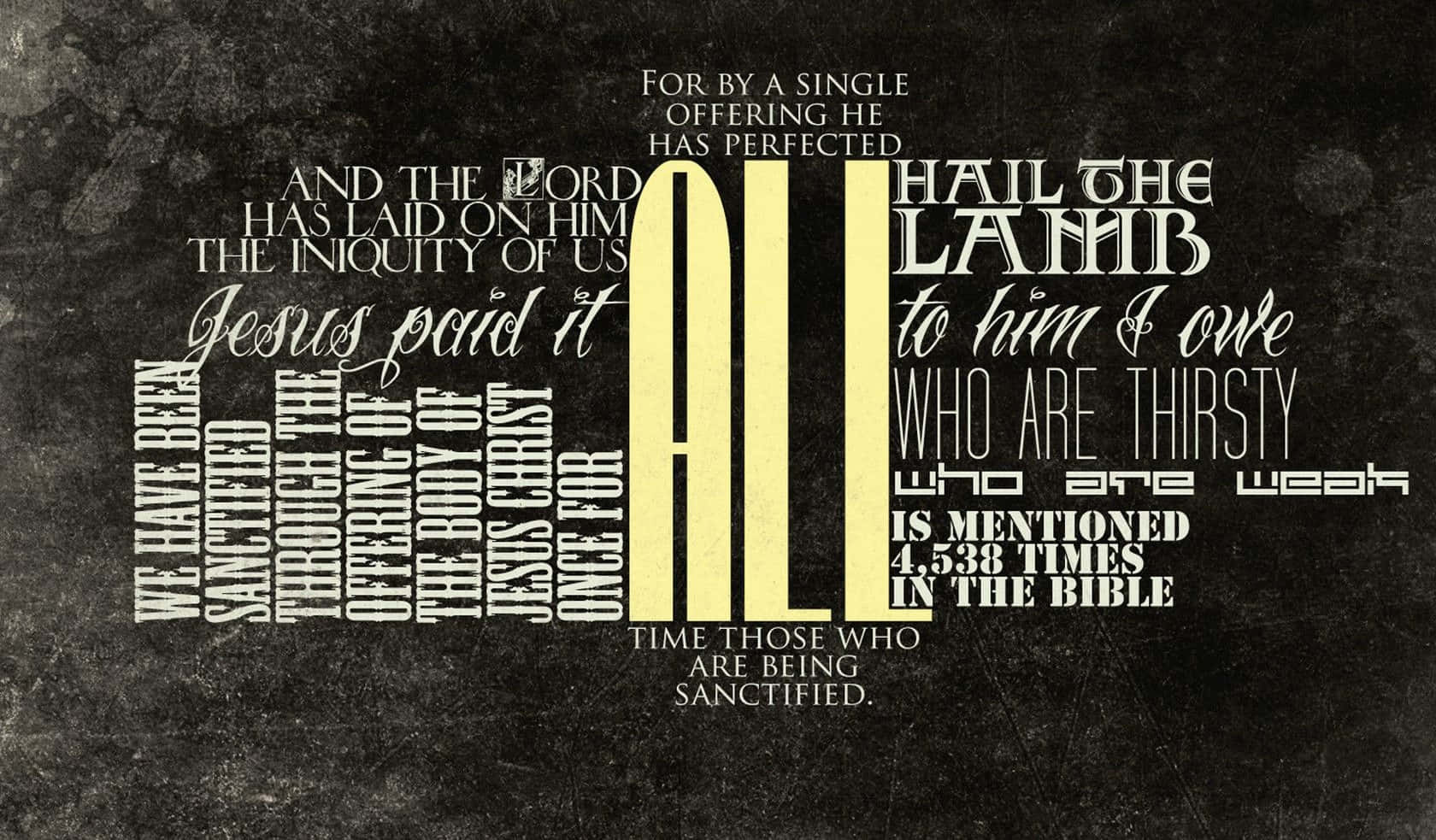 Christian Quotes 桌布 壁紙 — 大膽的黃色「ALL」主導了有紋理的深色背景，白色聖經文字形成了關於救贖和羔羊的屬靈信息。
