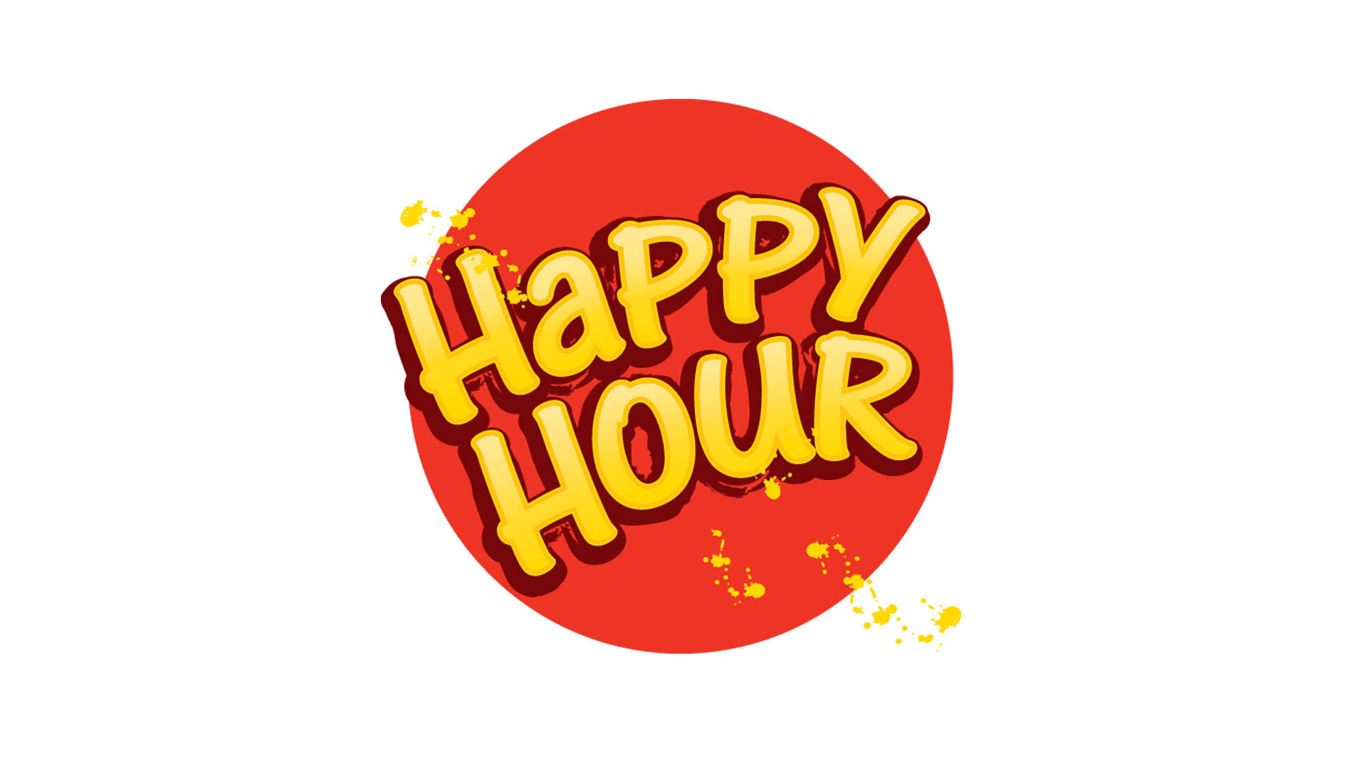 Hour 桌布 壁紙 — 大膽的黃色「Happy Hour」文字，帶有俏皮的潑濺效果，背景為鮮豔的紅色圓形。
