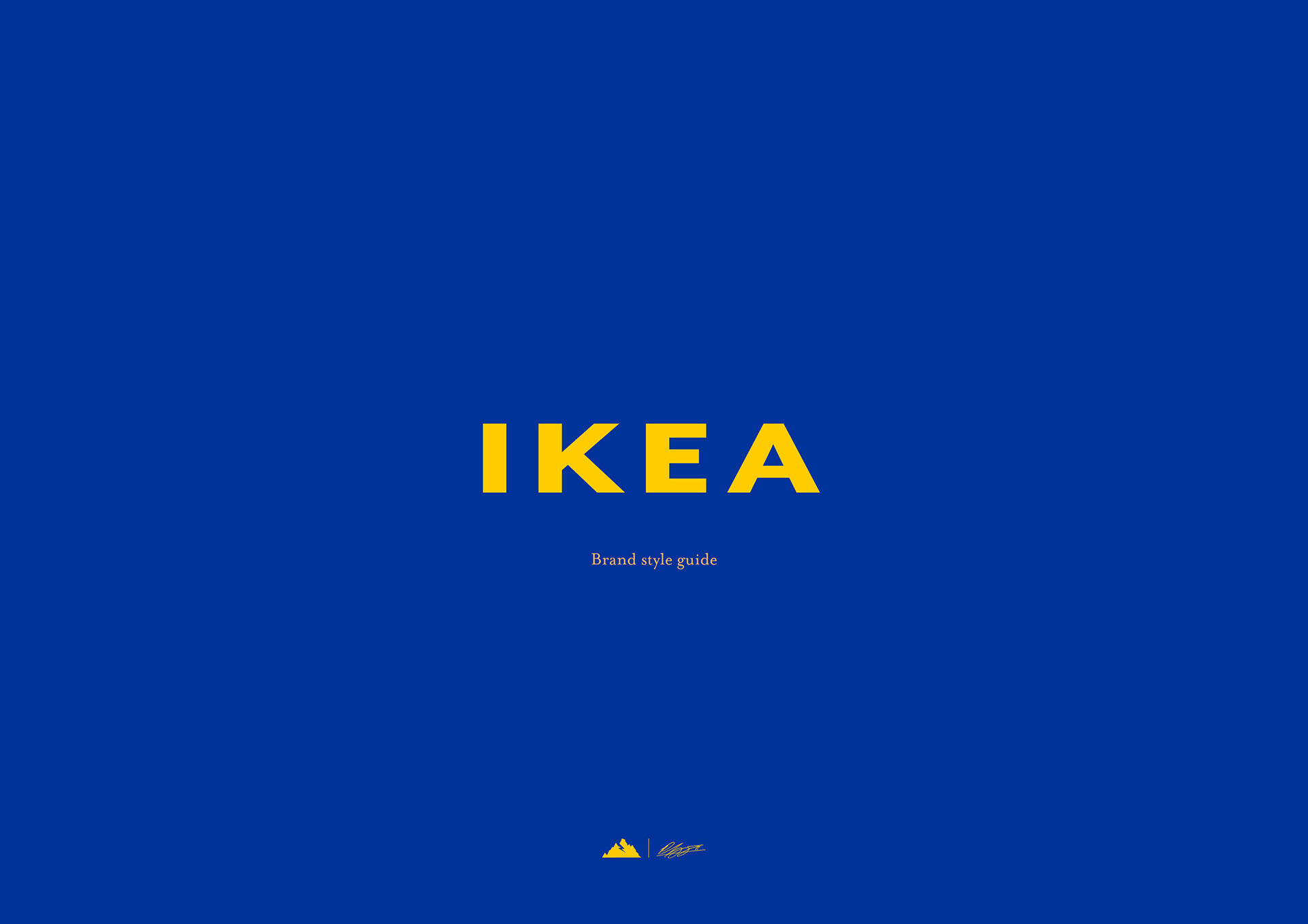 藍色 桌布 壁紙 — 大膽的黃色 IKEA 標誌居中在純藍色背景上，下方有小文字和標誌。