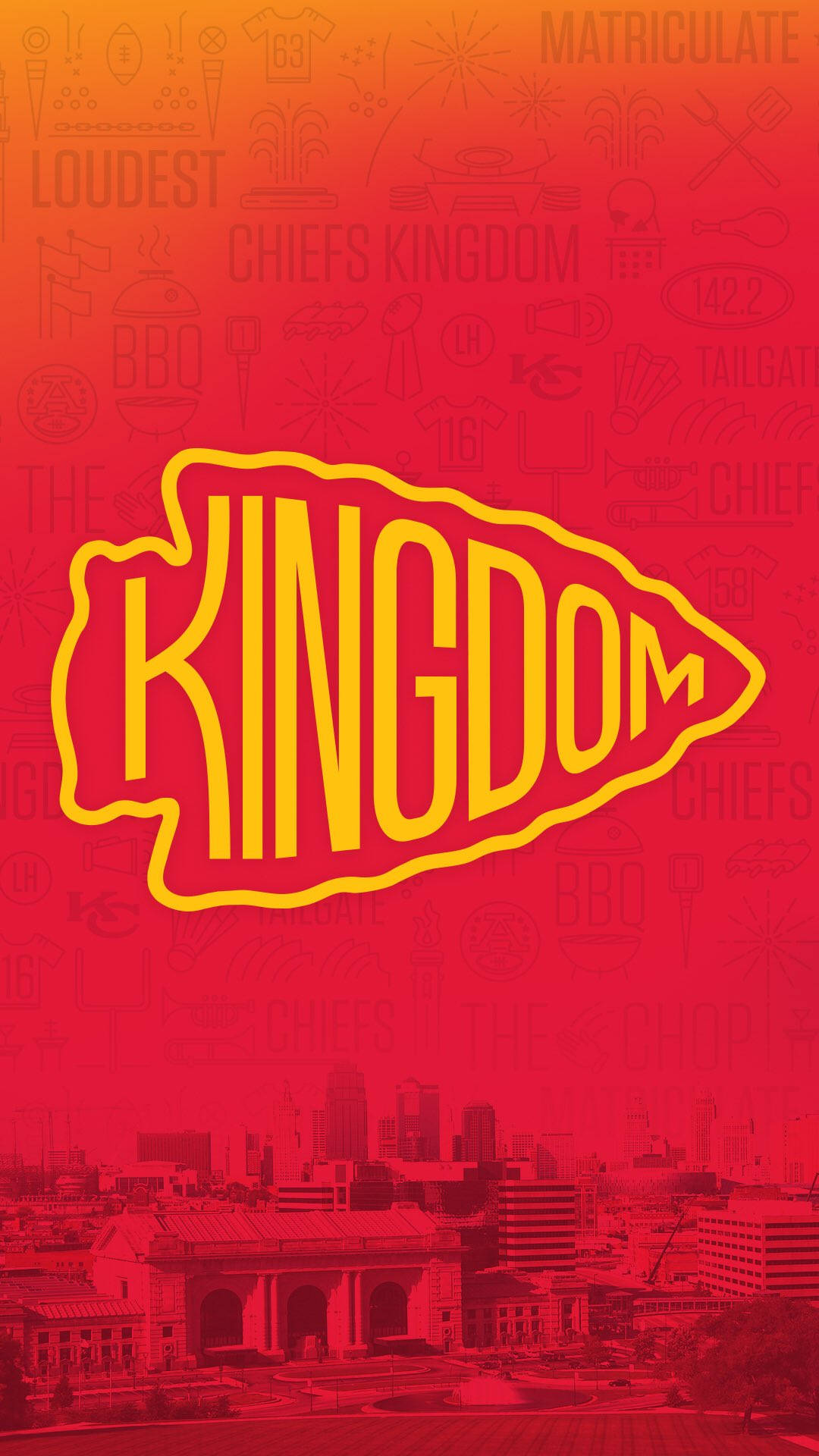紅色漸變背景，帶有黃色 'KINGDOM' 標誌和模糊的運動圖標，覆蓋在城市天際線上。 — 酋長 GIF 壁紙