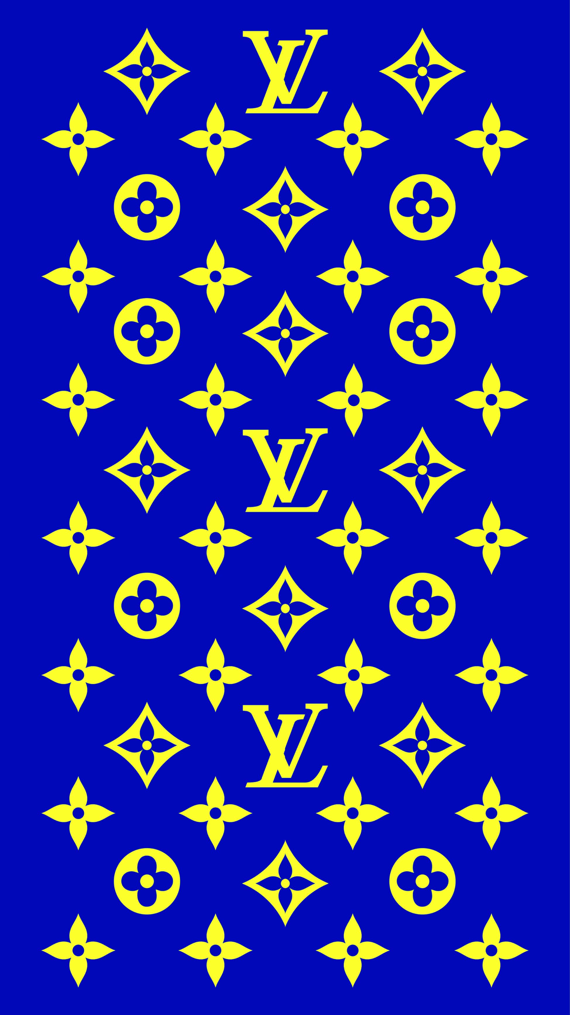 louis vuitton phone 桌布 壁紙 — 大膽的黃色 Louis Vuitton 字母組合和花卉圖案在深寶藍色背景上重複，形成經典奢華圖案。