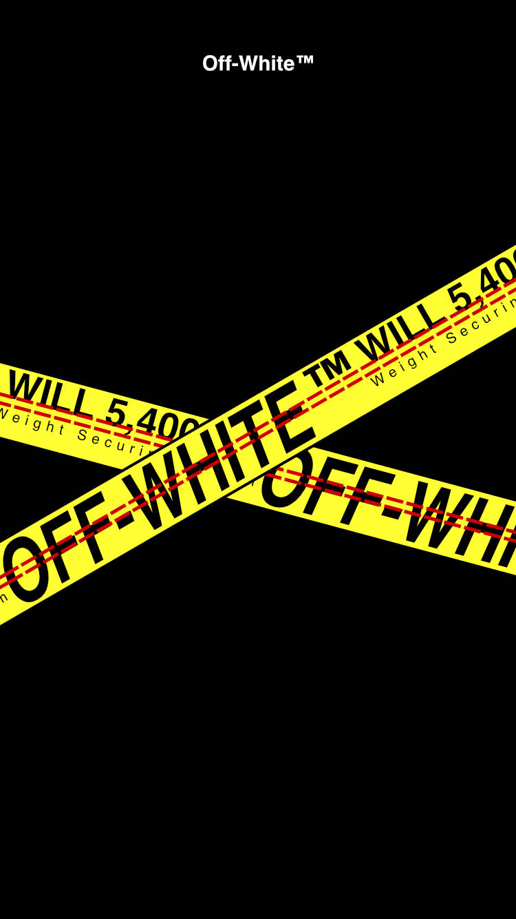Off White 桌布 壁紙 — 大膽的黃色 Off-White 安全膠帶在帶有品牌文字的純黑色背景上對角交叉。