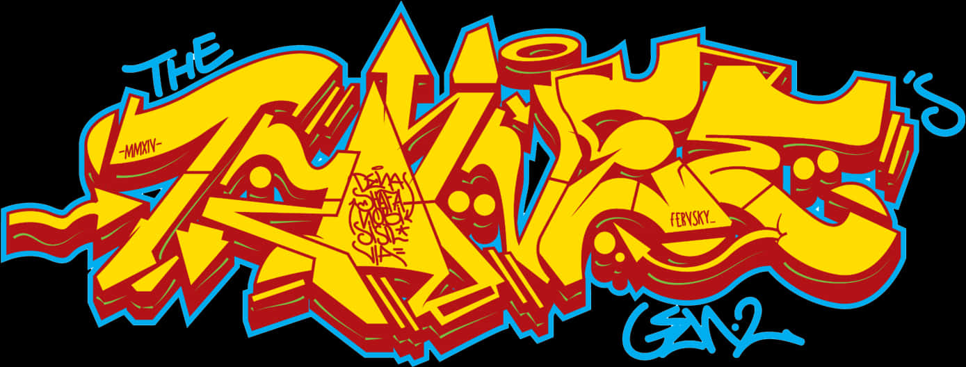 Graffiti Desktop 桌布 壁紙 — 大膽的黃色、紅色和藍色塗鴉字母在黑色背景上拼出「THE TAKES」，帶有複雜的3D陰影。