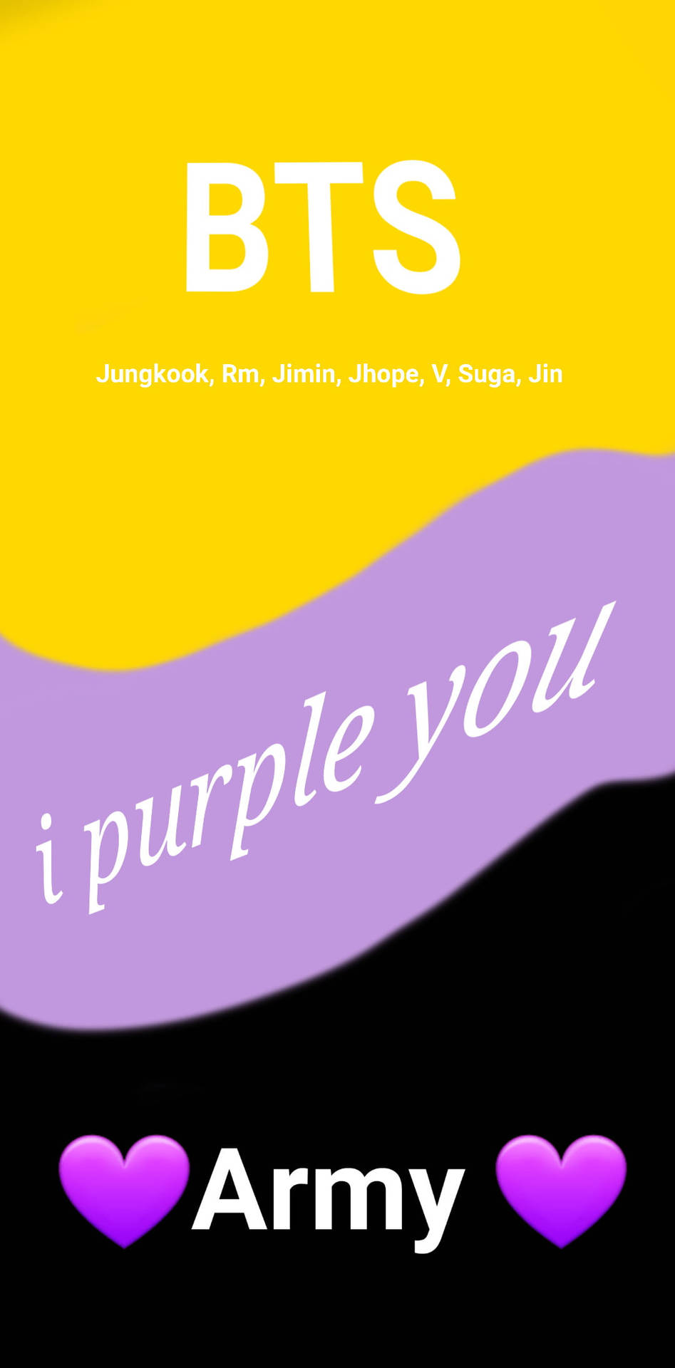BTS 桌布 壁紙 — 大膽的黃色、紫色和黑色背景，白色文字列出BTS成員，以及兩側有紫色心形的「i purple you」字句。