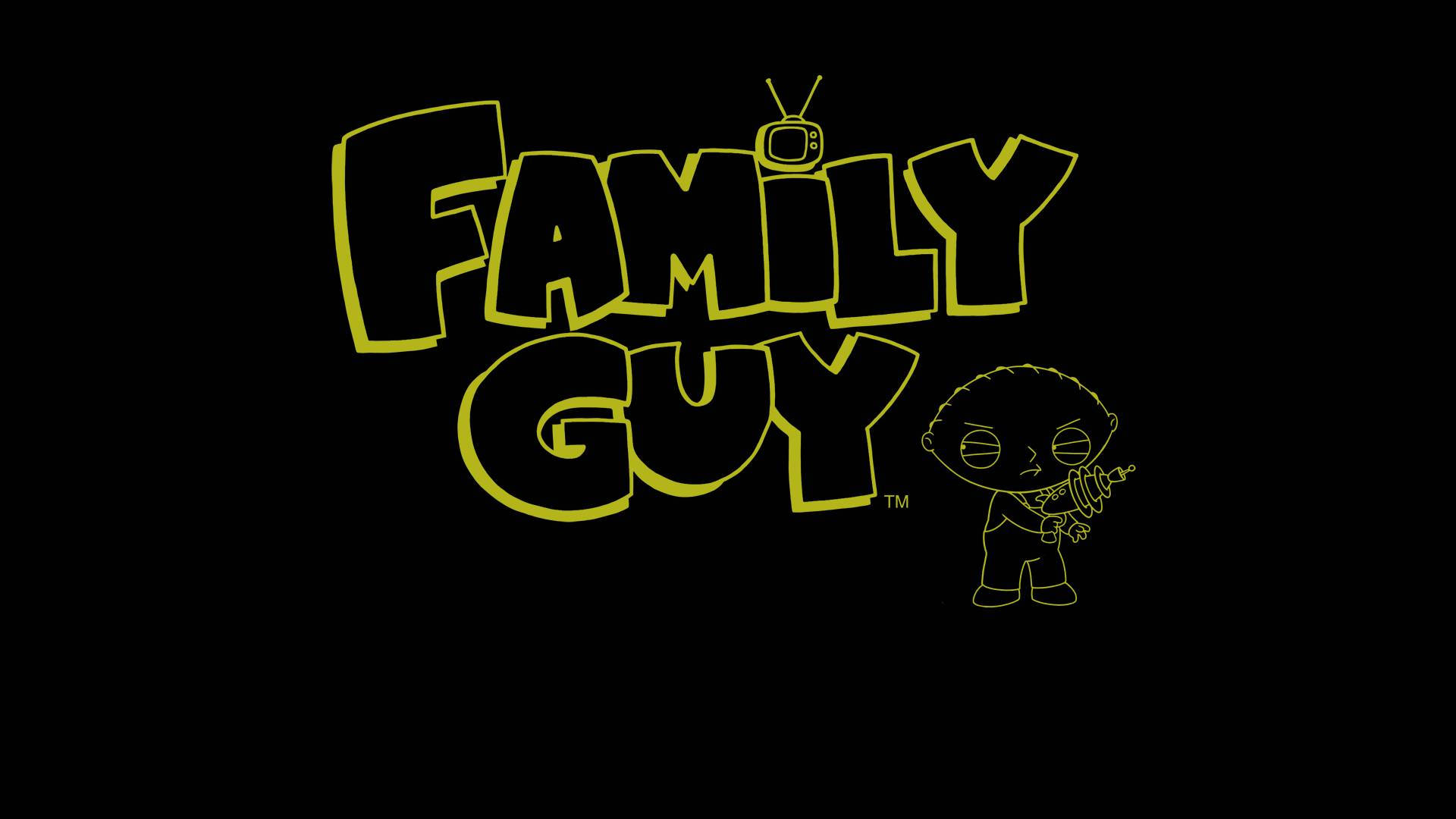 stewie 桌布 壁紙 — 大膽的黃色Family Guy標誌，Stewie Griffin在黑色背景上持槍。
