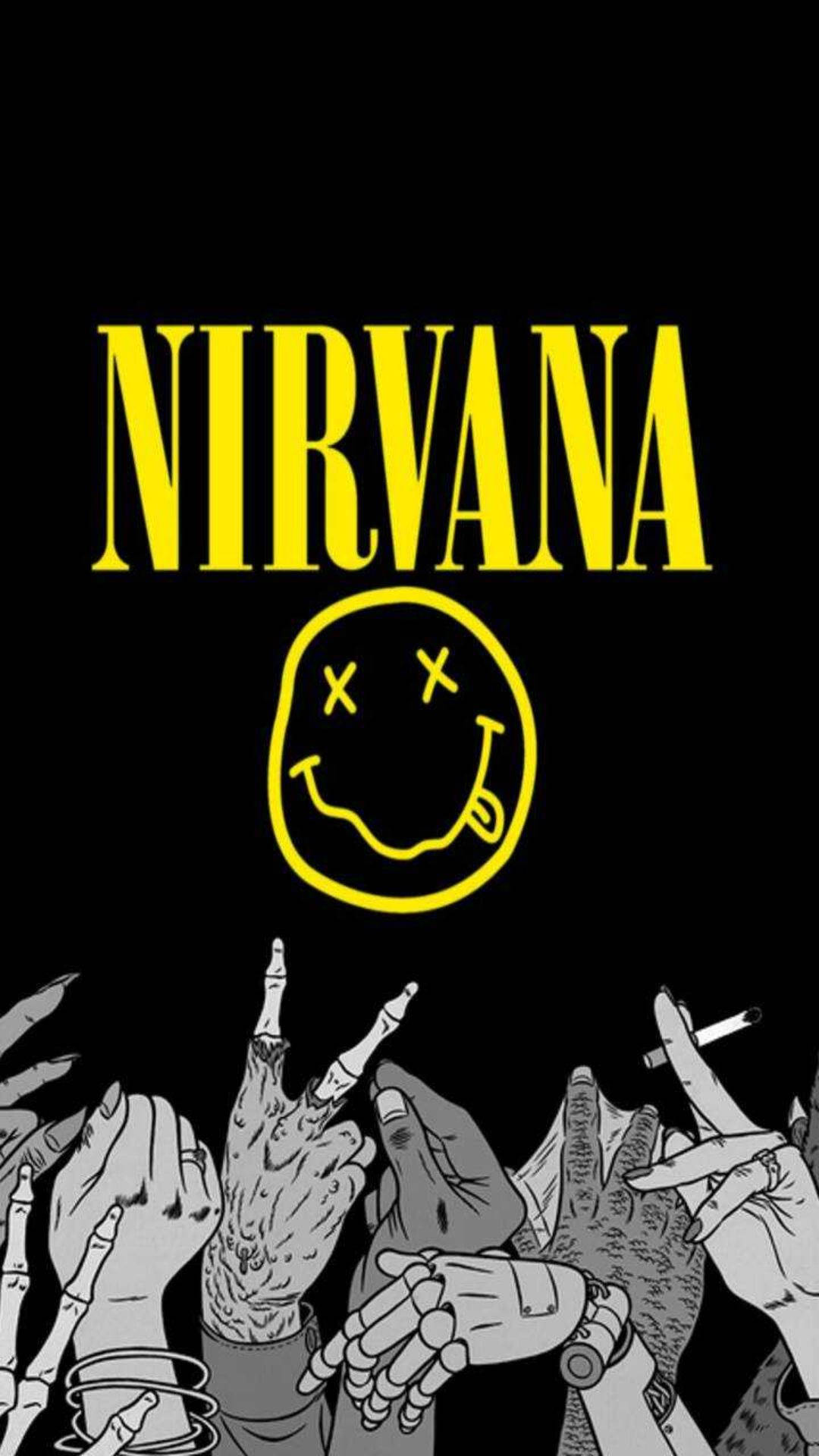 nirvana 4K 桌布 壁紙 — 大膽的黃色Nirvana標誌和笑臉，位於一群灰色手做出搖滾手勢之上，背景為黑色。