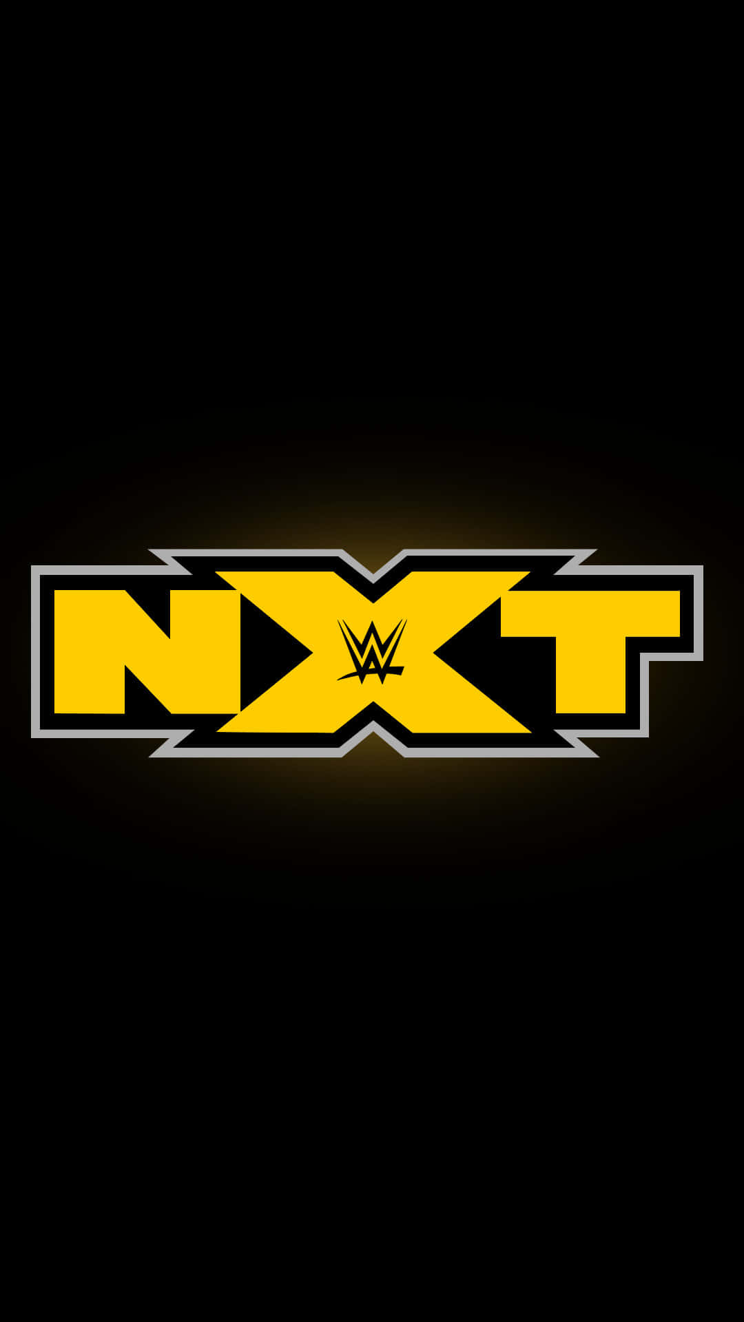 WWE Logo 桌布 壁紙 — 大膽的黃色NXT標誌，WWE符號居中在深色漸變背景上。