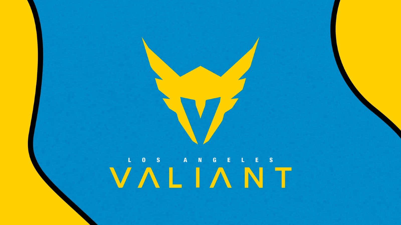 Overwatch League 桌布 壁紙 — 大膽的黃色Valiant標誌，帶有翼狀頭盔，藍色背景，由黃色曲線框住。