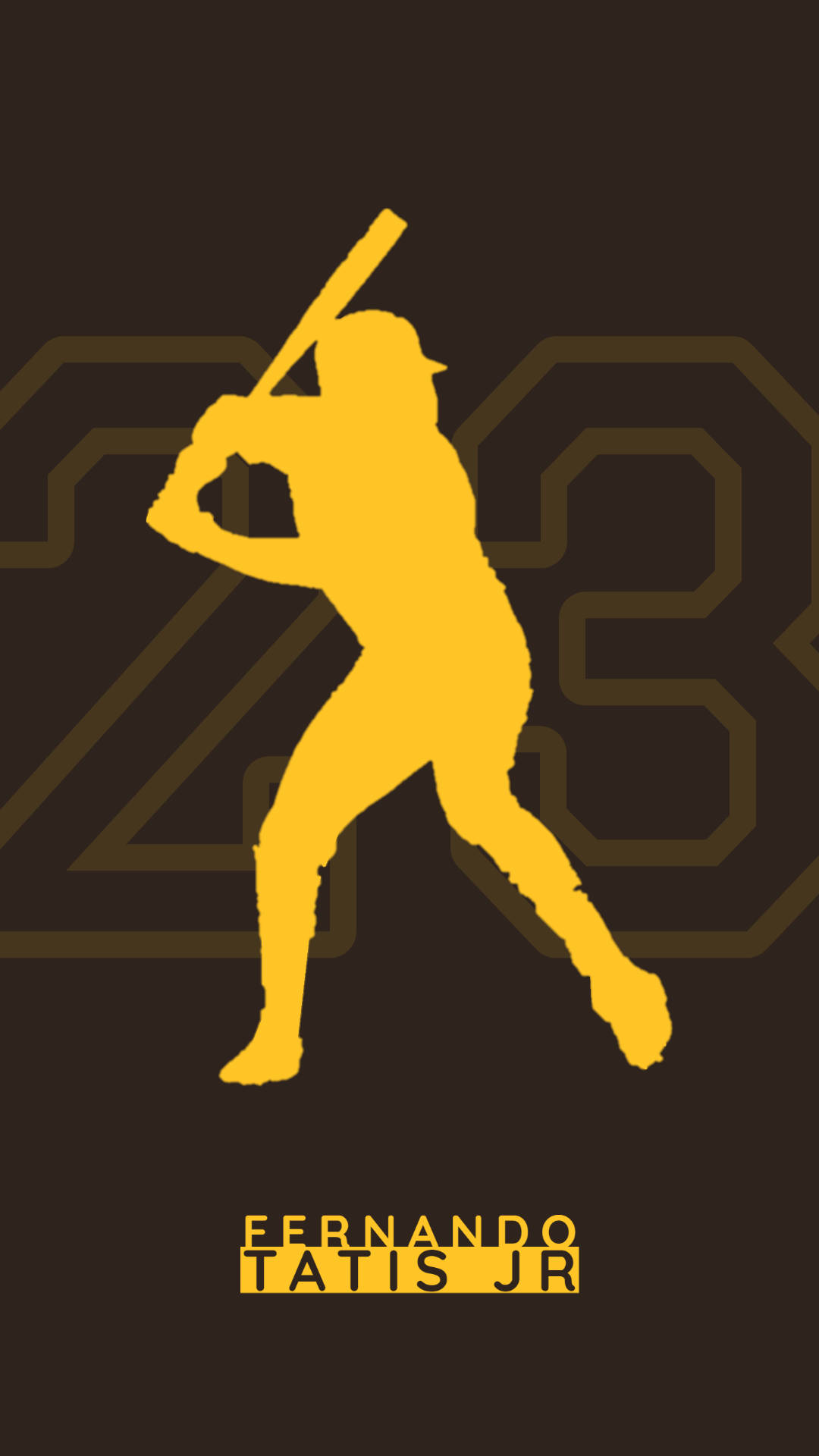 Padres 桌布 壁紙 — 大膽的黃色剪影，描繪棒球運動員 Fernando Tatis Jr. 在深棕色背景上揮棒中，帶有模糊的數字 23。