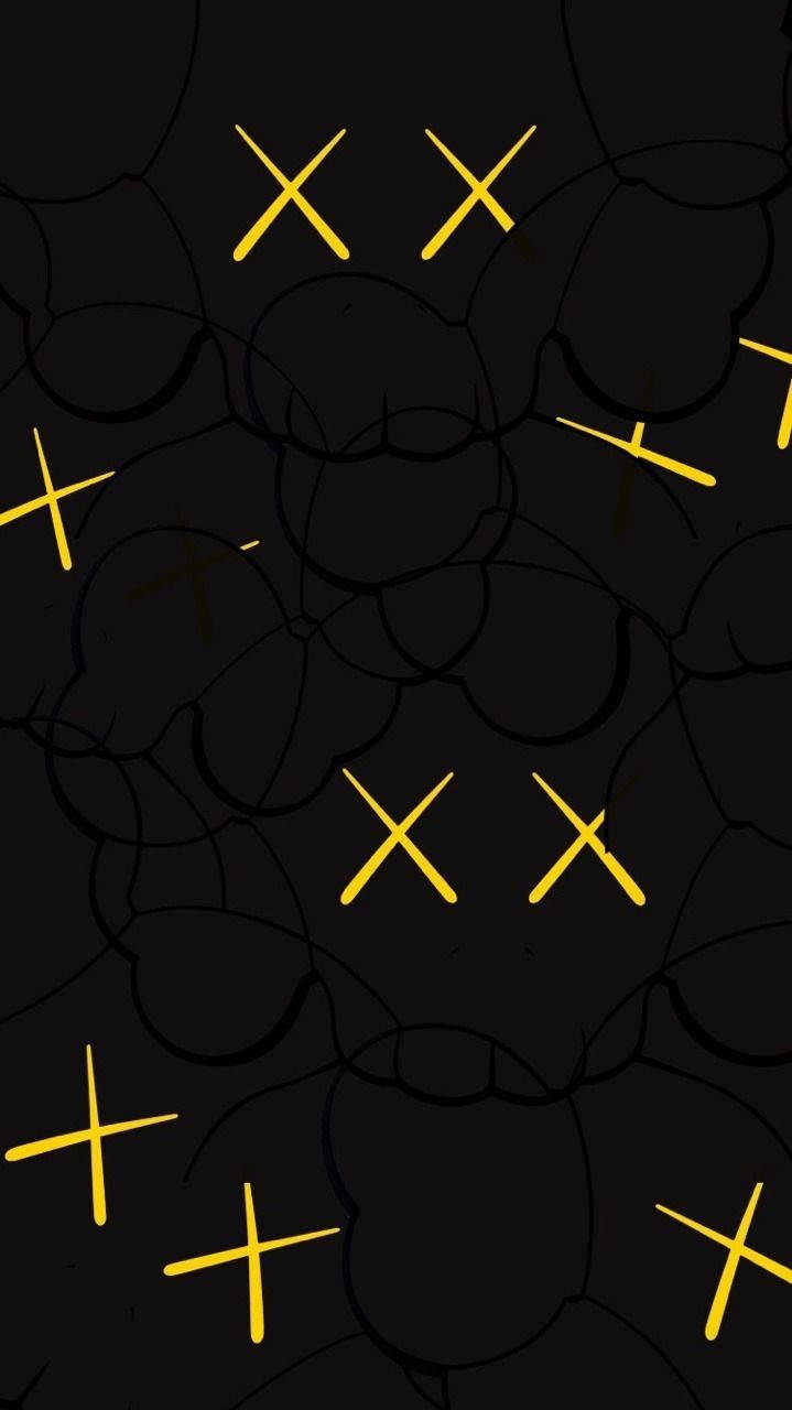 kaws 4K 桌布 壁紙 — 大膽的黃色十字架和塗鴉圓圈在極簡數位藝術風格中，於 stark 黑色背景上發光。